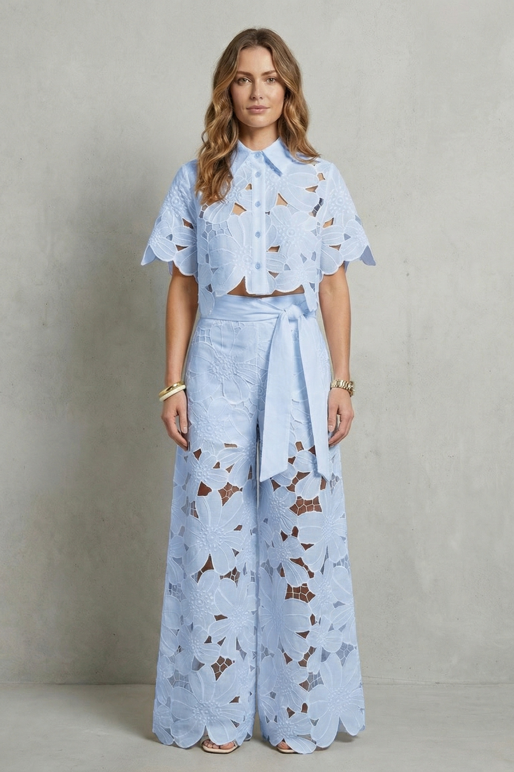 Elegant Top & Skirt Set With Embroidered Cutwork