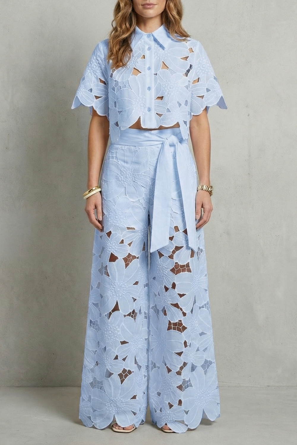 Elegant Top & Skirt Set With Embroidered Cutwork
