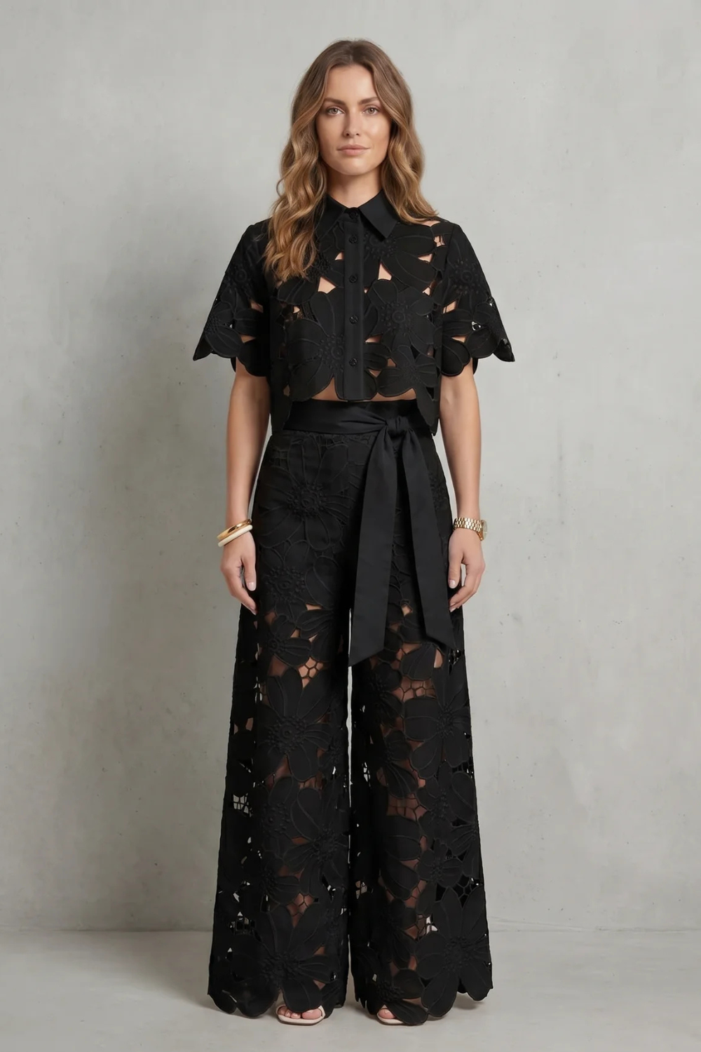 Elegant Top & Skirt Set With Embroidered Cutwork