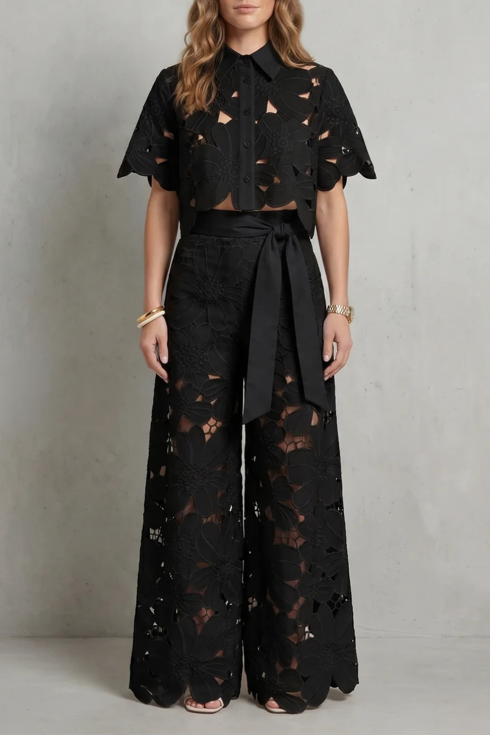 Elegant Top & Skirt Set With Embroidered Cutwork
