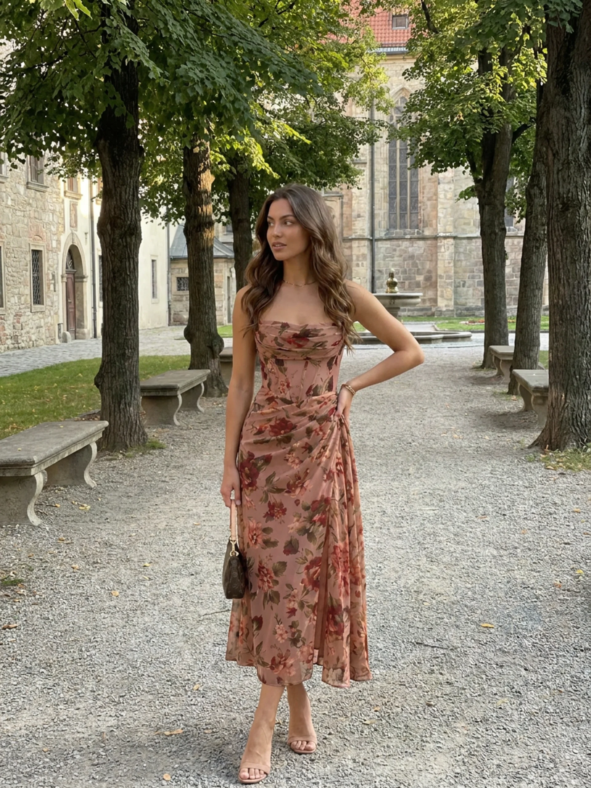 Floral Chiffon Corset Midi Dress
