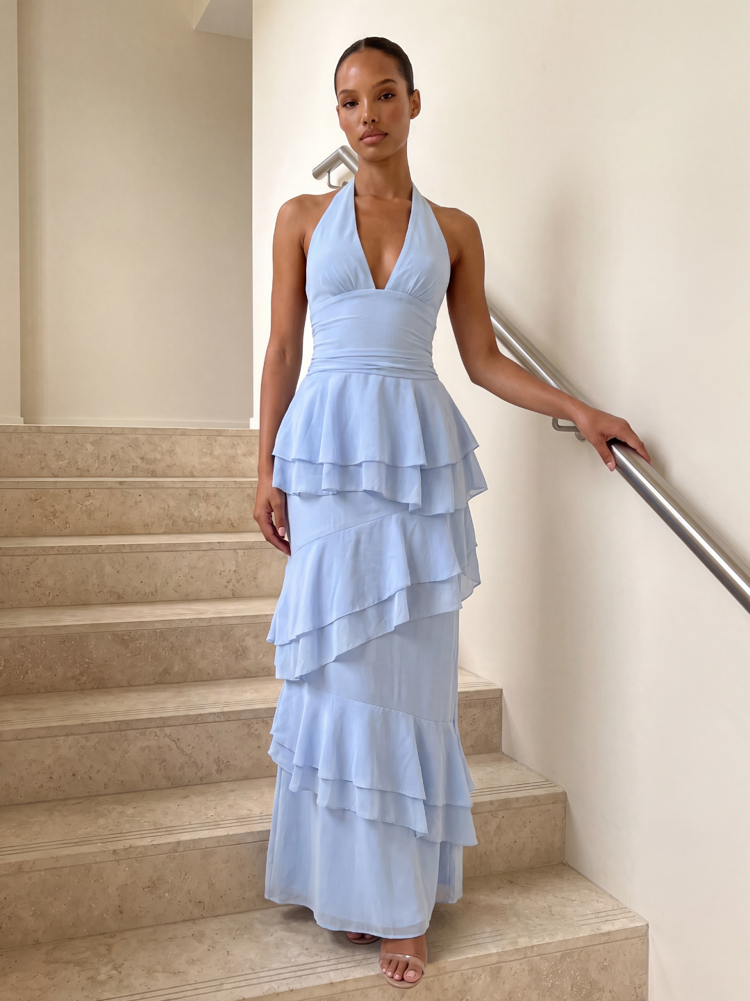 Halter Maxi Dress With Tiered Ruffles