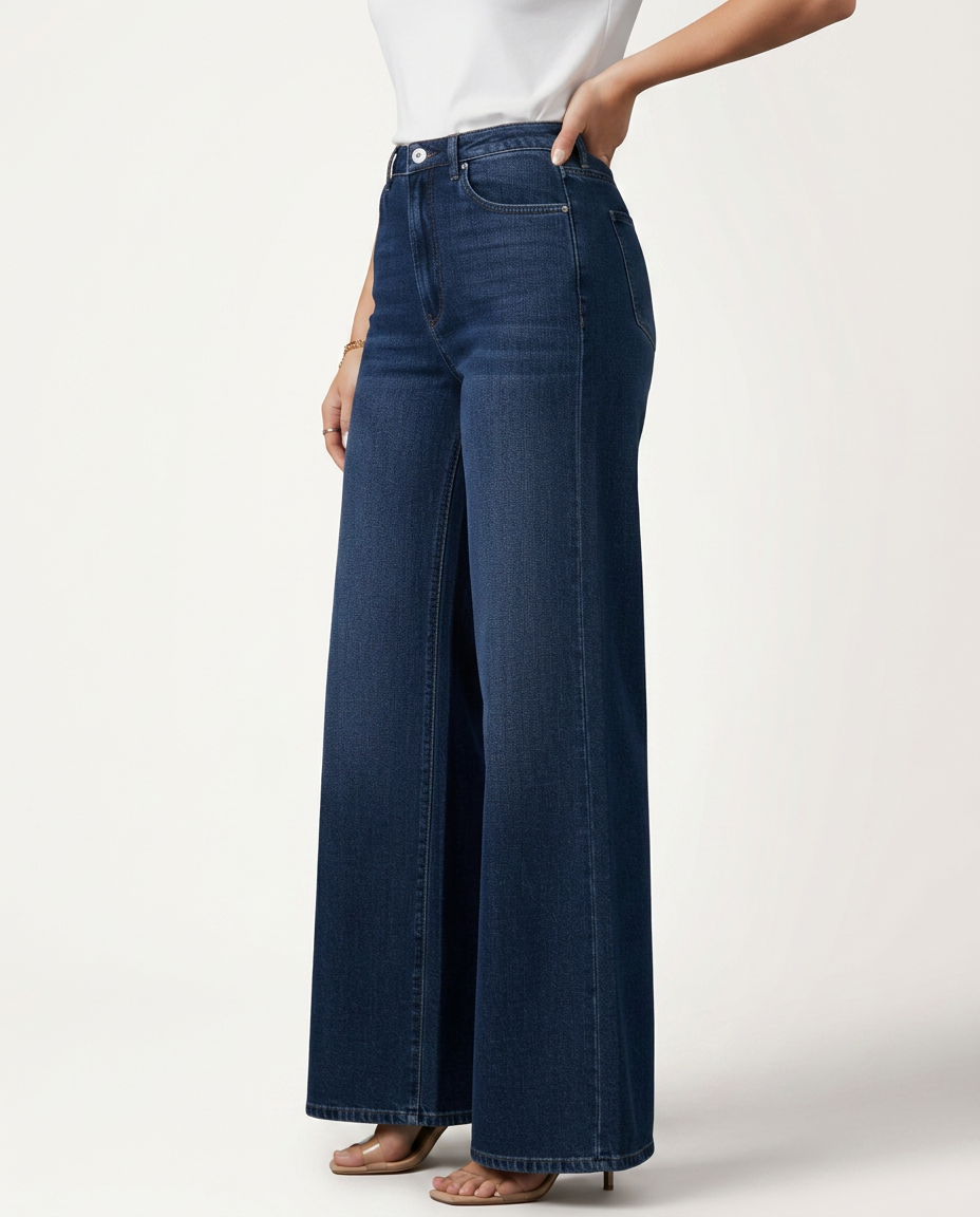 High Waist Wide Leg Trousers with Denim-Look