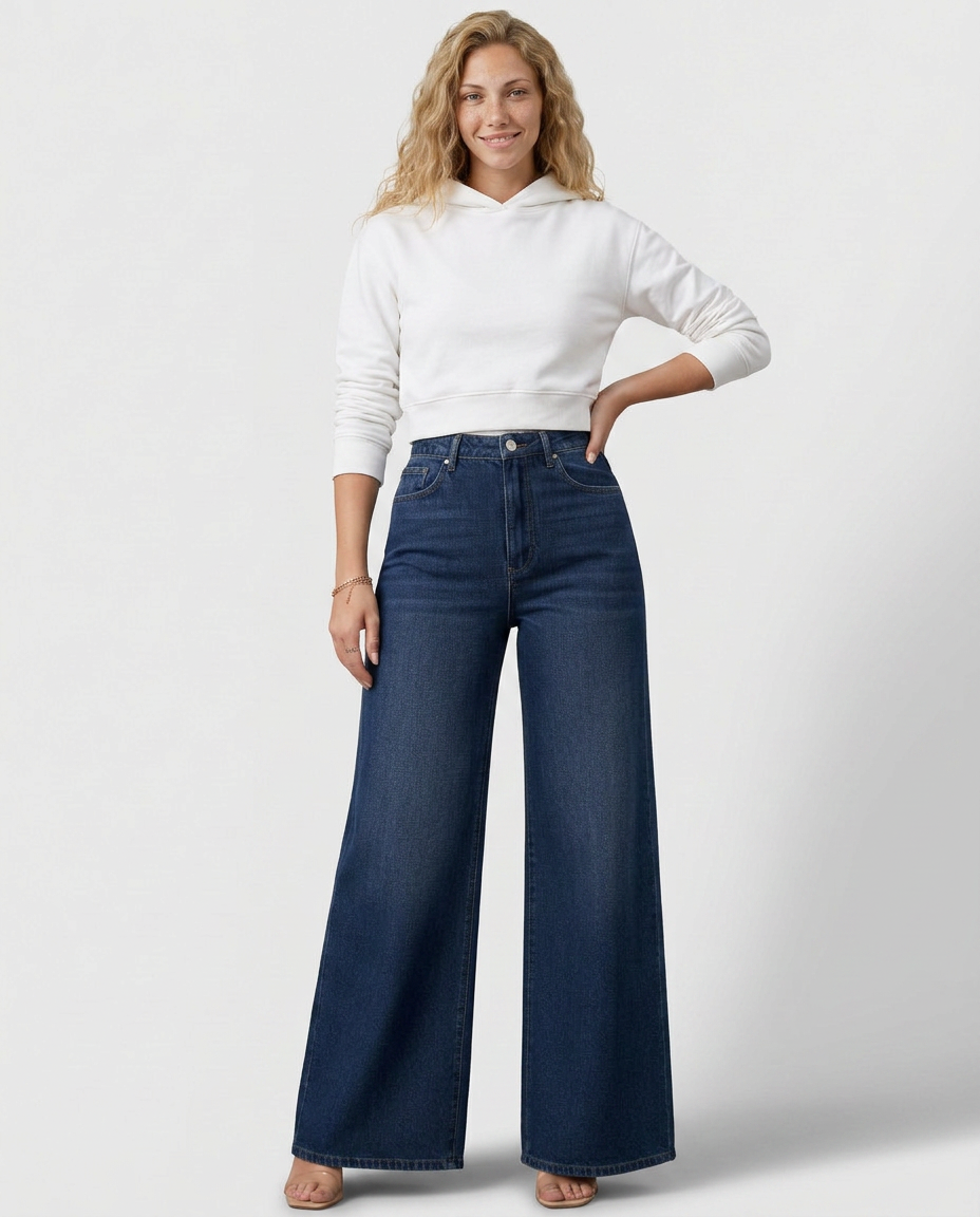 High Waist Wide Leg Trousers with Denim-Look
