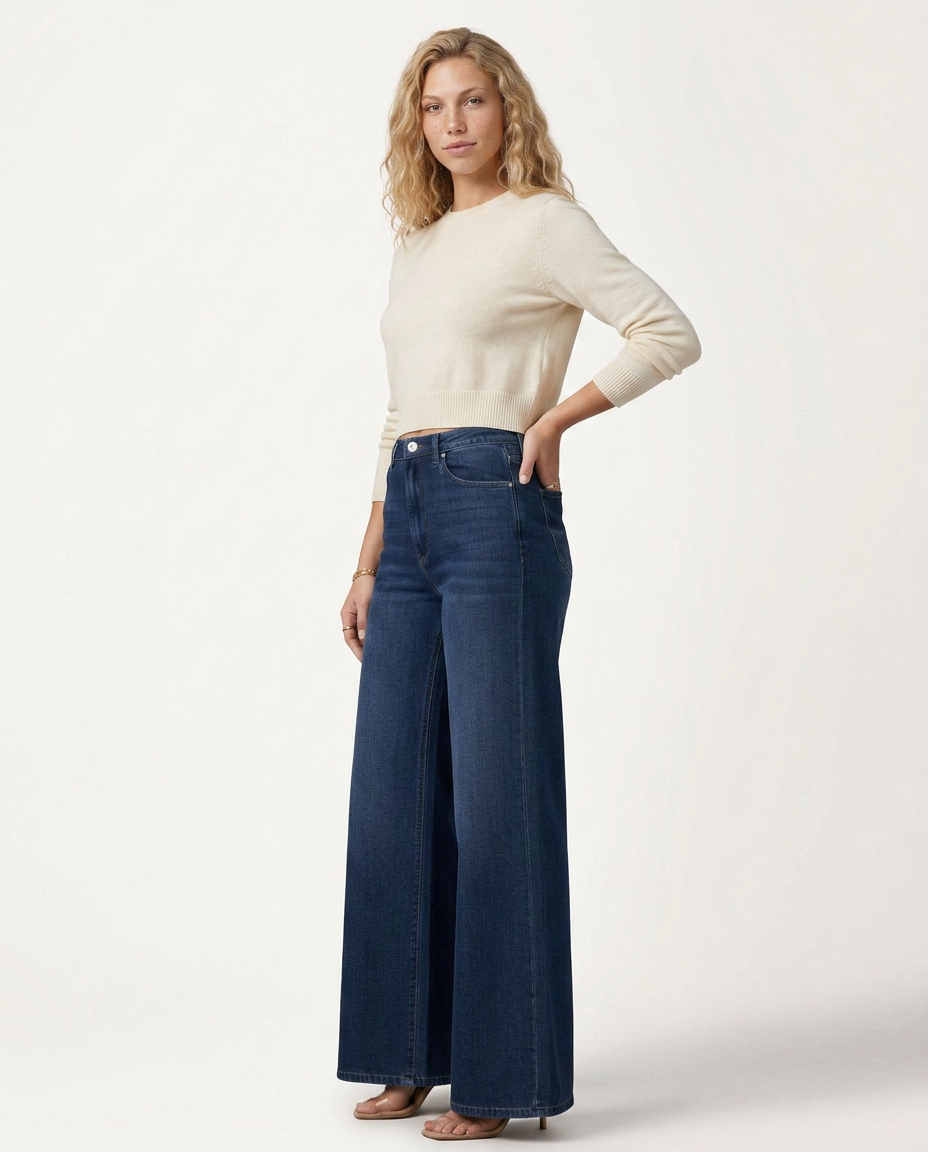 High Waist Wide Leg Trousers with Denim-Look