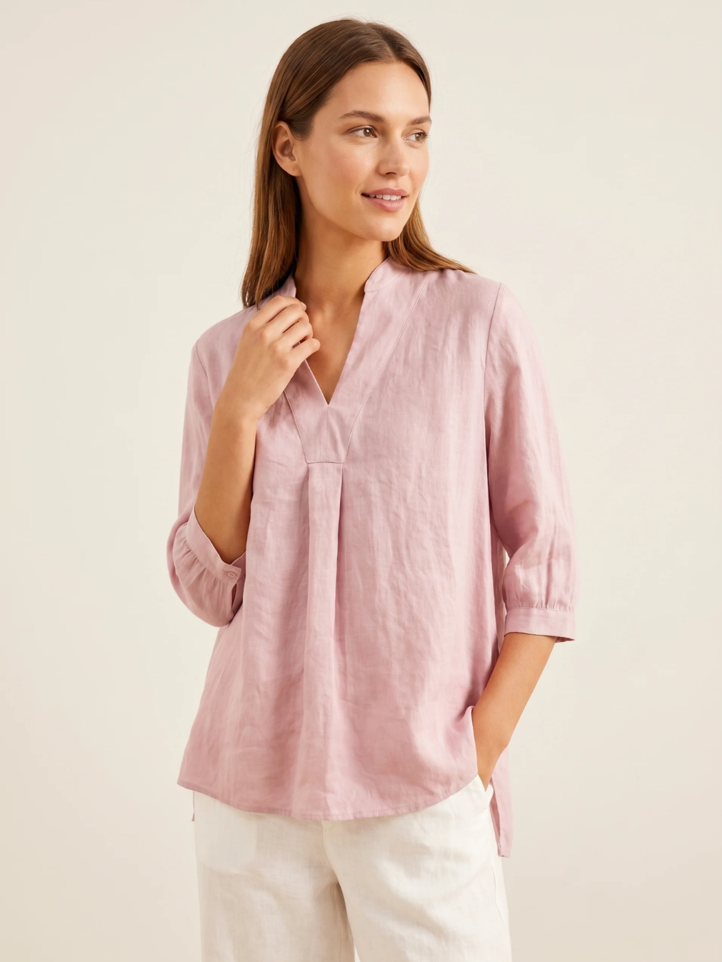 Linen Popover Blouse With Three-Quarter Sleeves