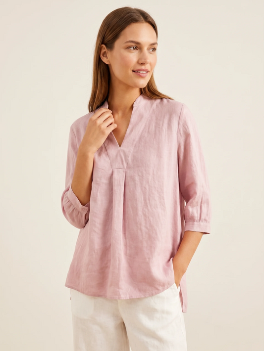 Linen Popover Blouse With Three-Quarter Sleeves