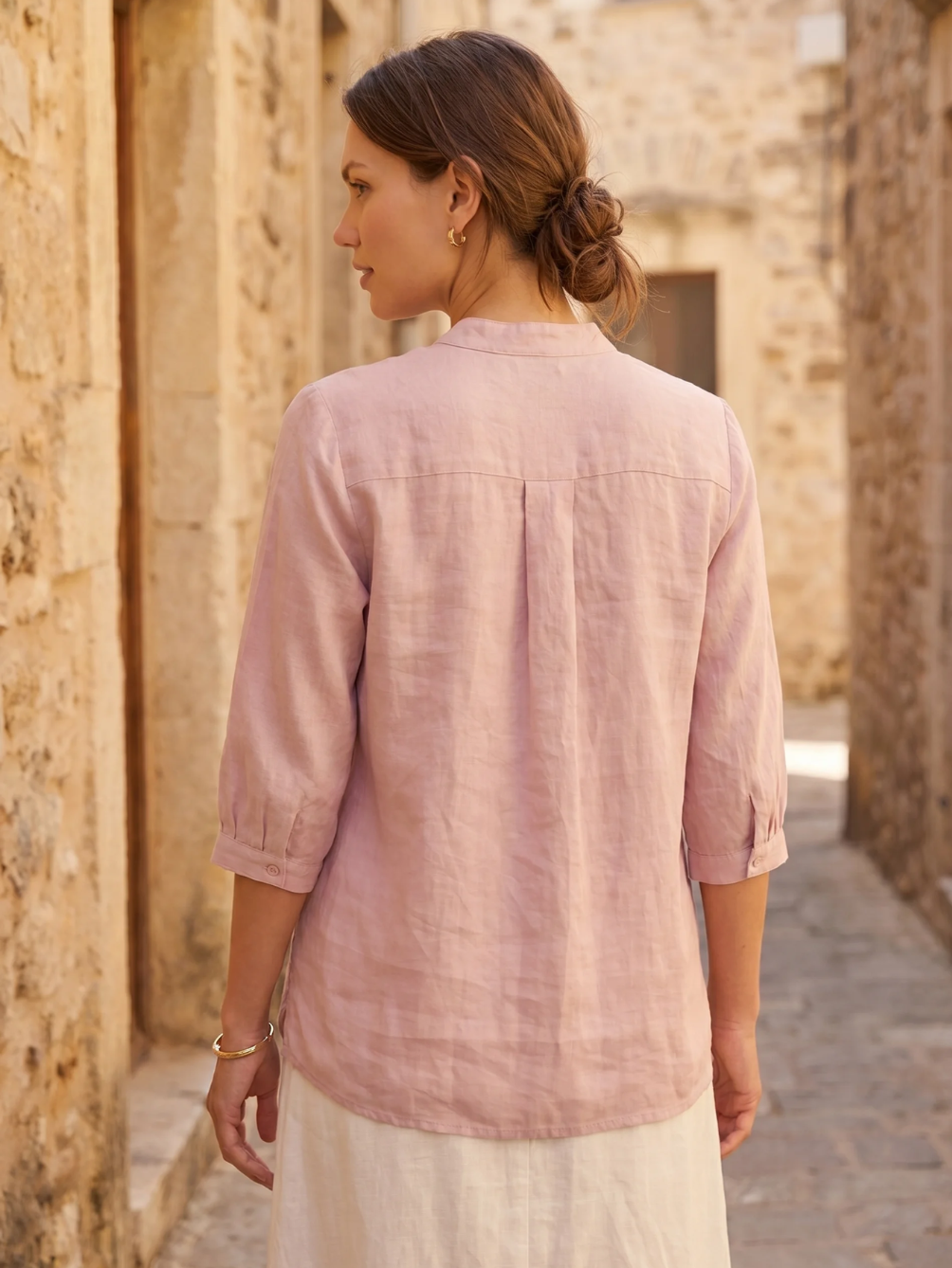 Linen Popover Blouse With Three-Quarter Sleeves