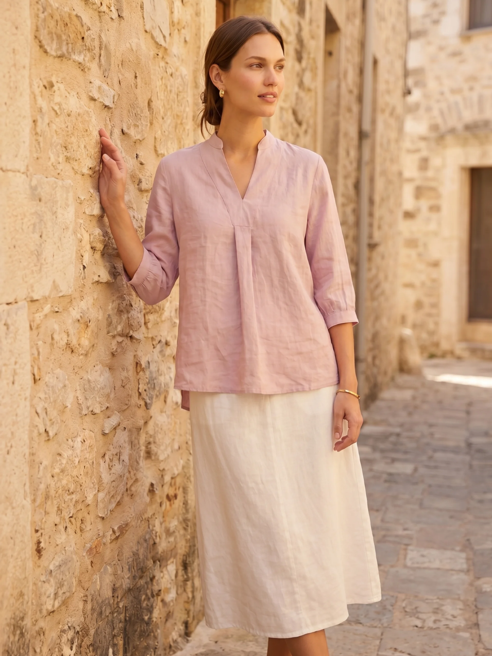 Linen Popover Blouse With Three-Quarter Sleeves