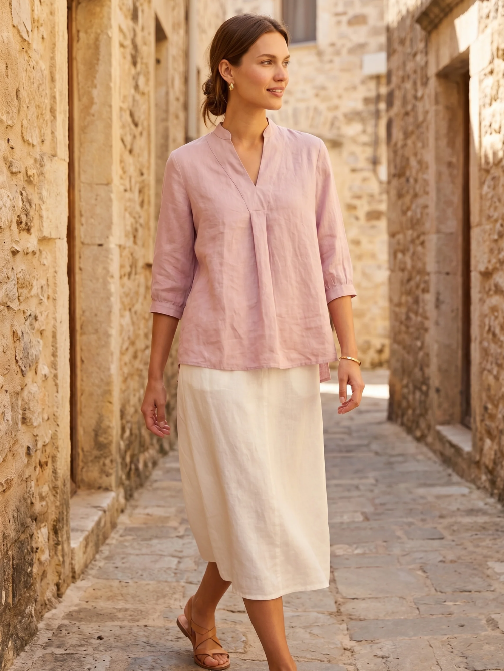 Linen Popover Blouse With Three-Quarter Sleeves