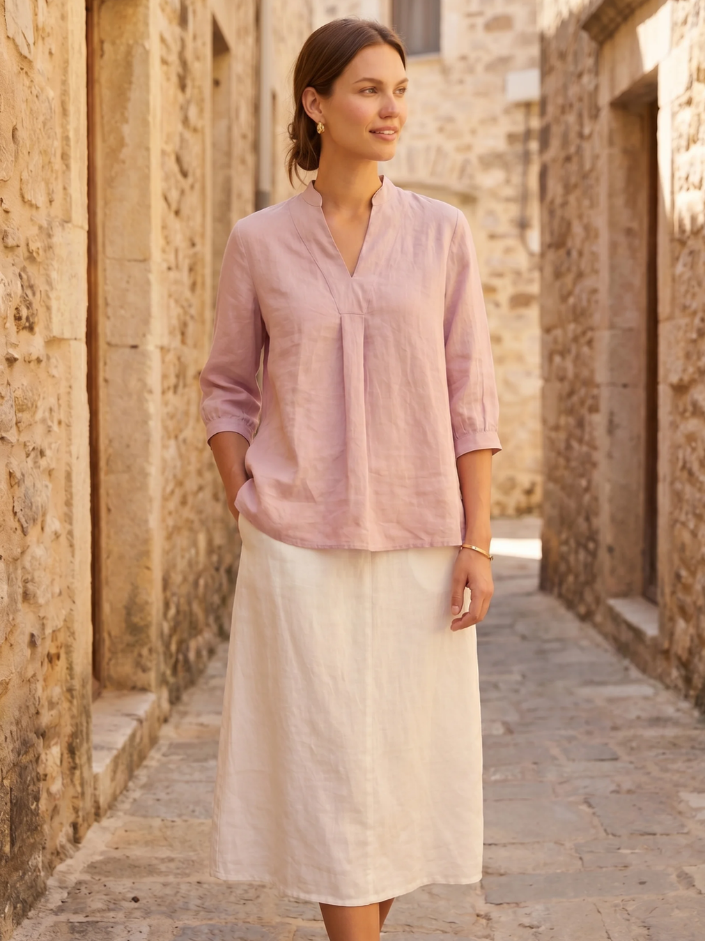 Linen Popover Blouse With Three-Quarter Sleeves