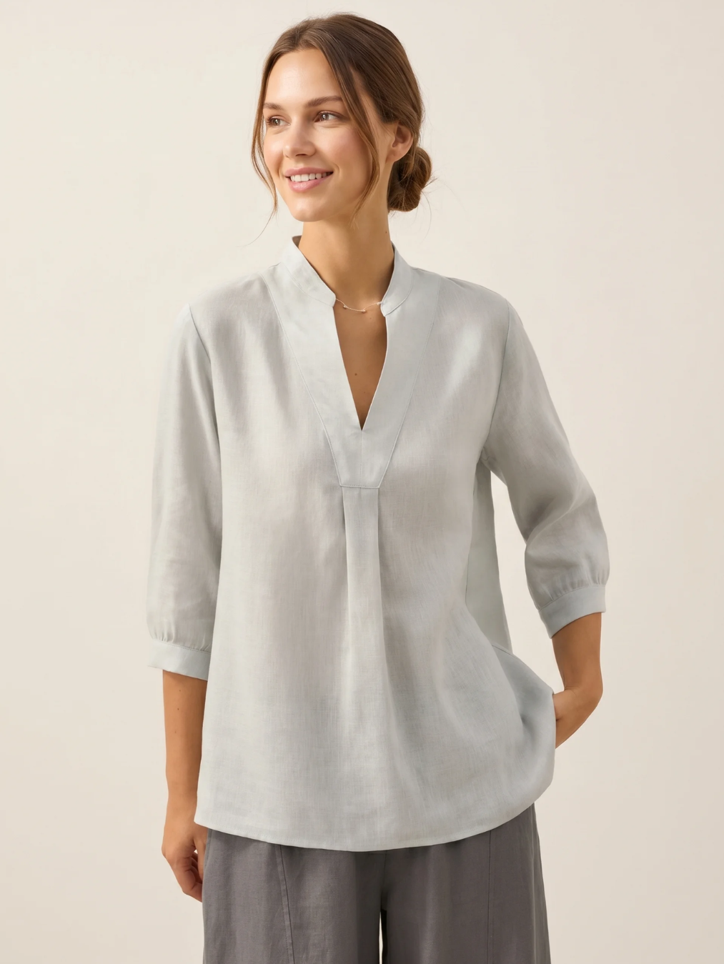 Linen Popover Blouse With Three-Quarter Sleeves