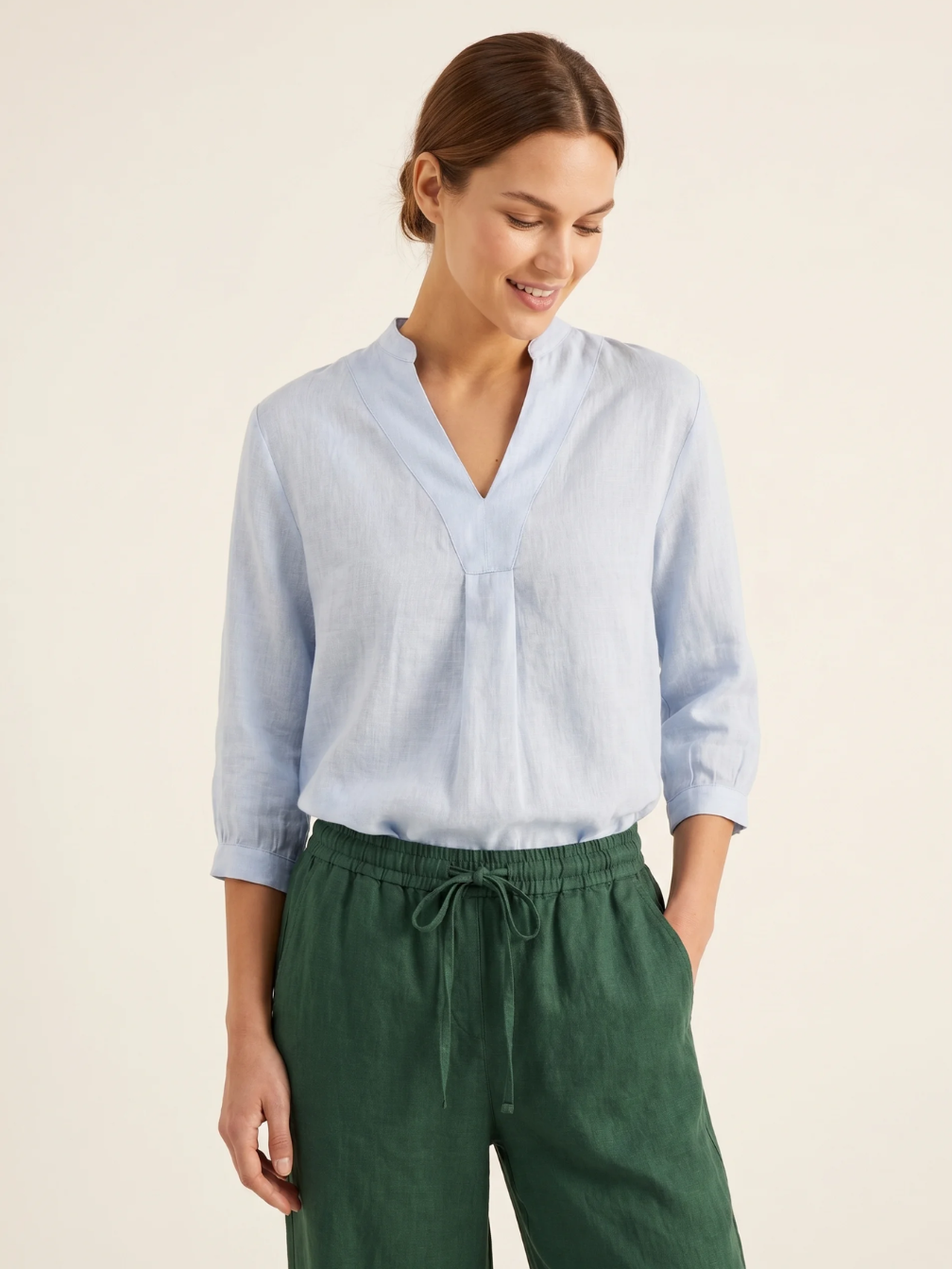 Linen Popover Blouse With Three-Quarter Sleeves