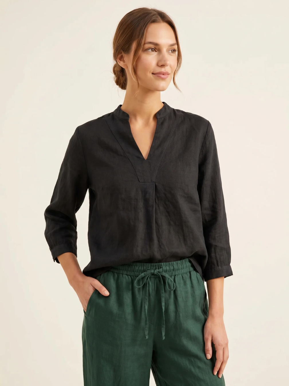 Linen Popover Blouse With Three-Quarter Sleeves