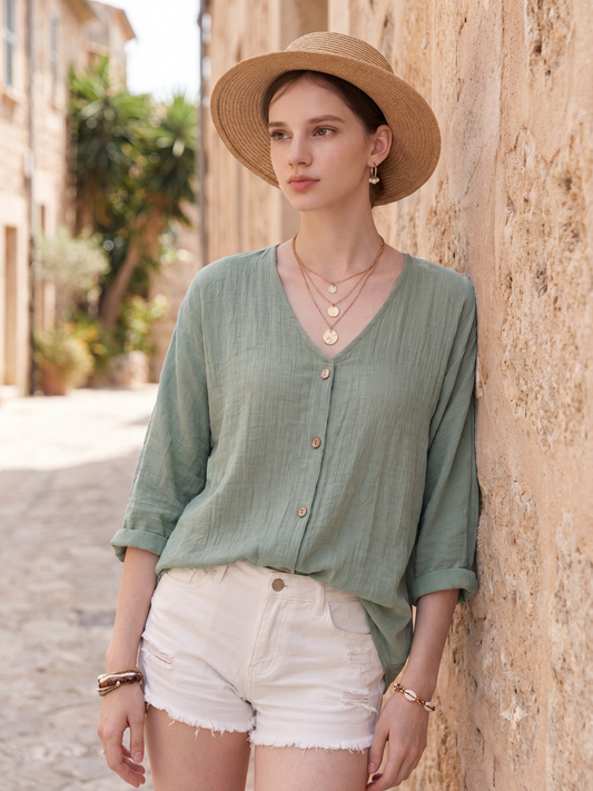 Linen Relaxed V-Neck Roll-Sleeve Blouse