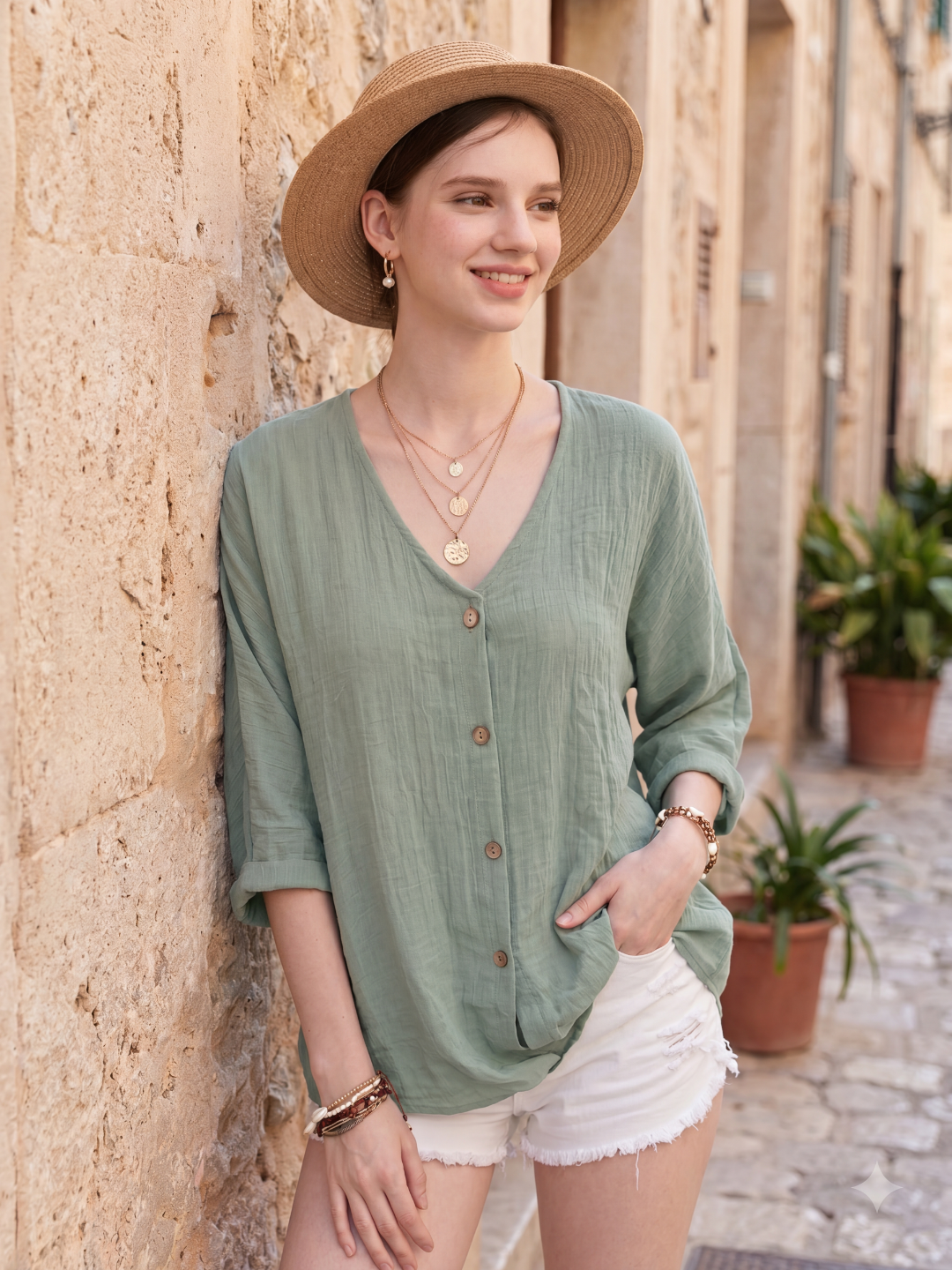 Linen Relaxed V-Neck Roll-Sleeve Blouse