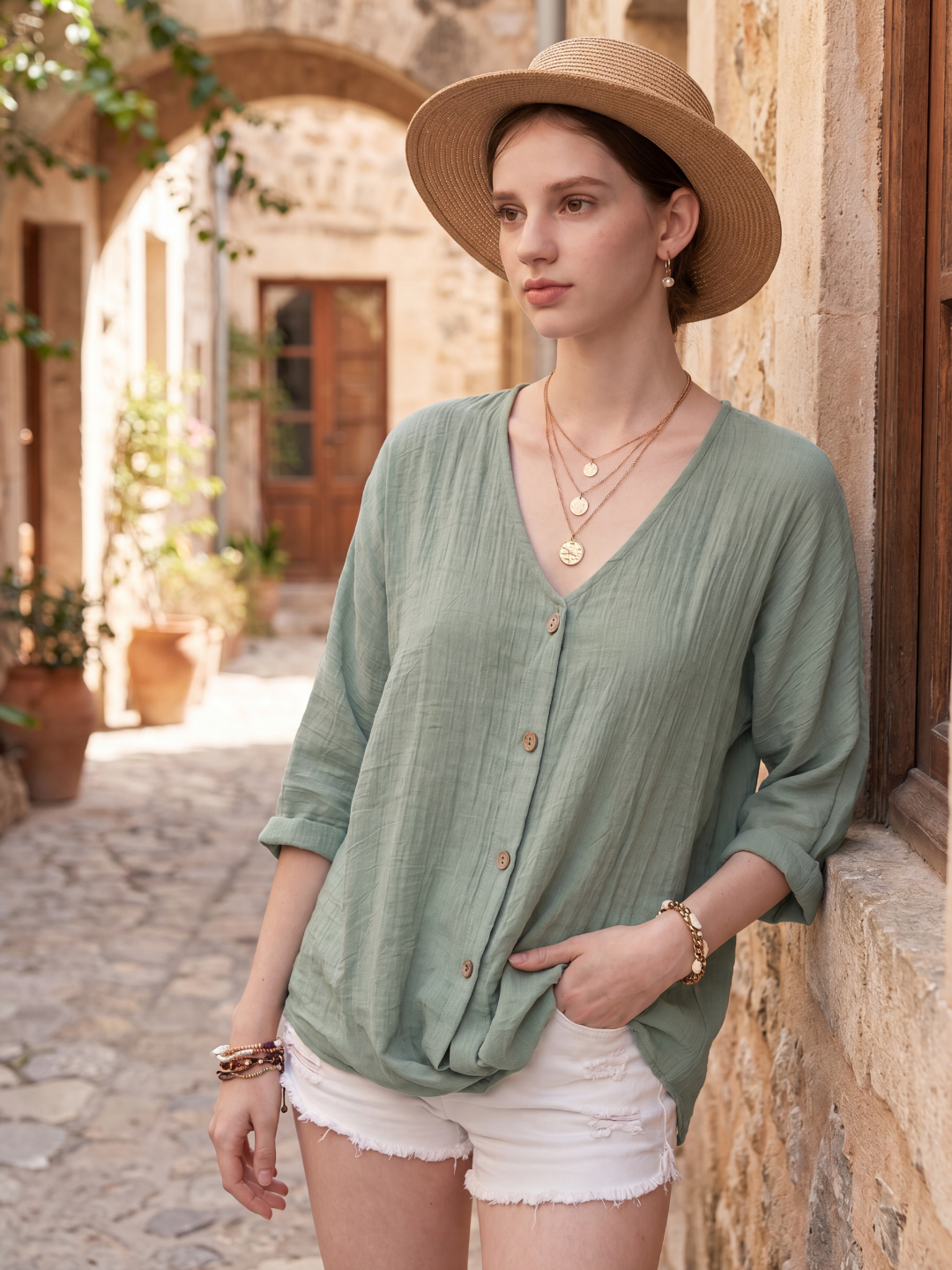 Linen Relaxed V-Neck Roll-Sleeve Blouse