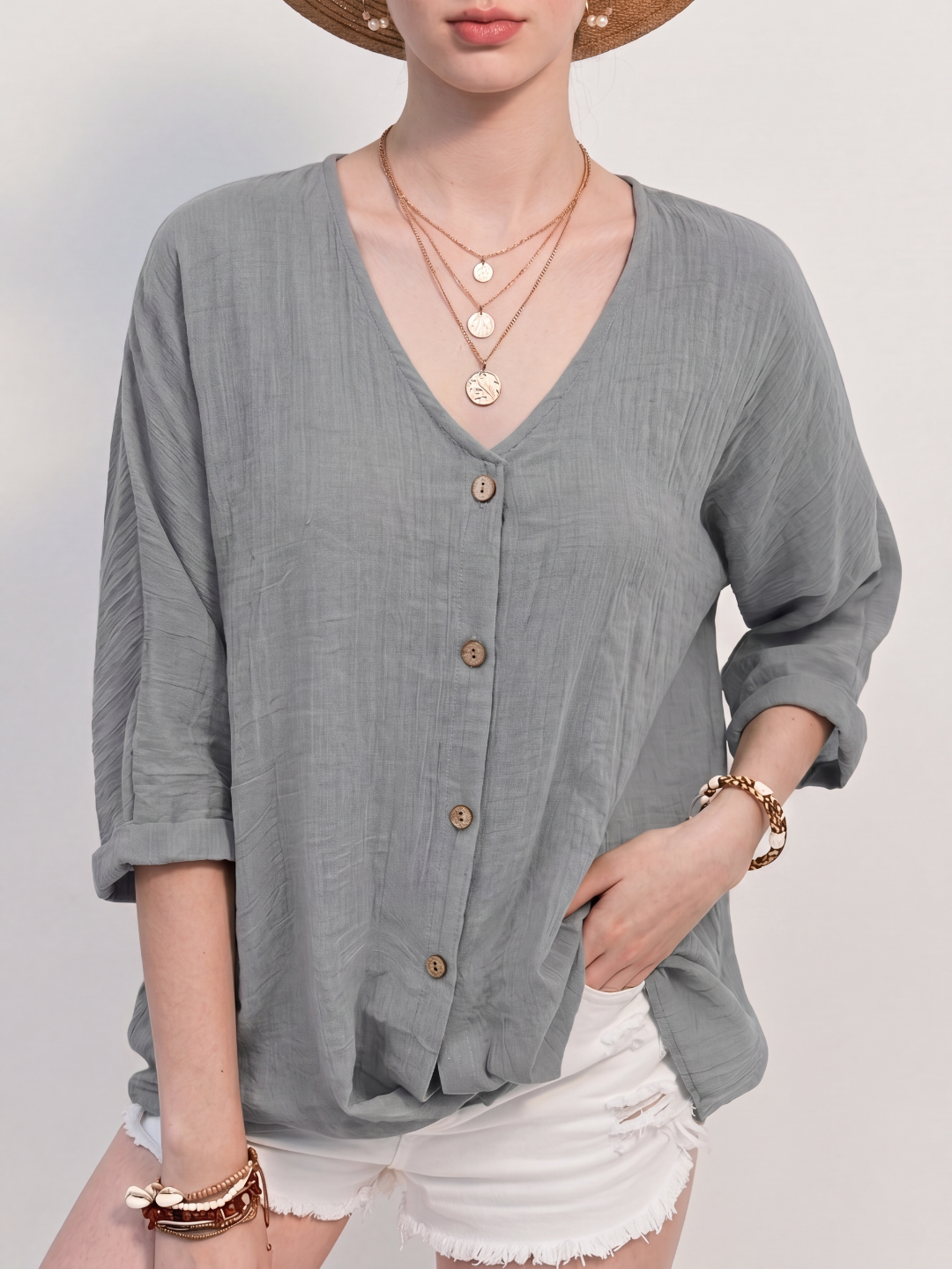 Linen Relaxed V-Neck Roll-Sleeve Blouse