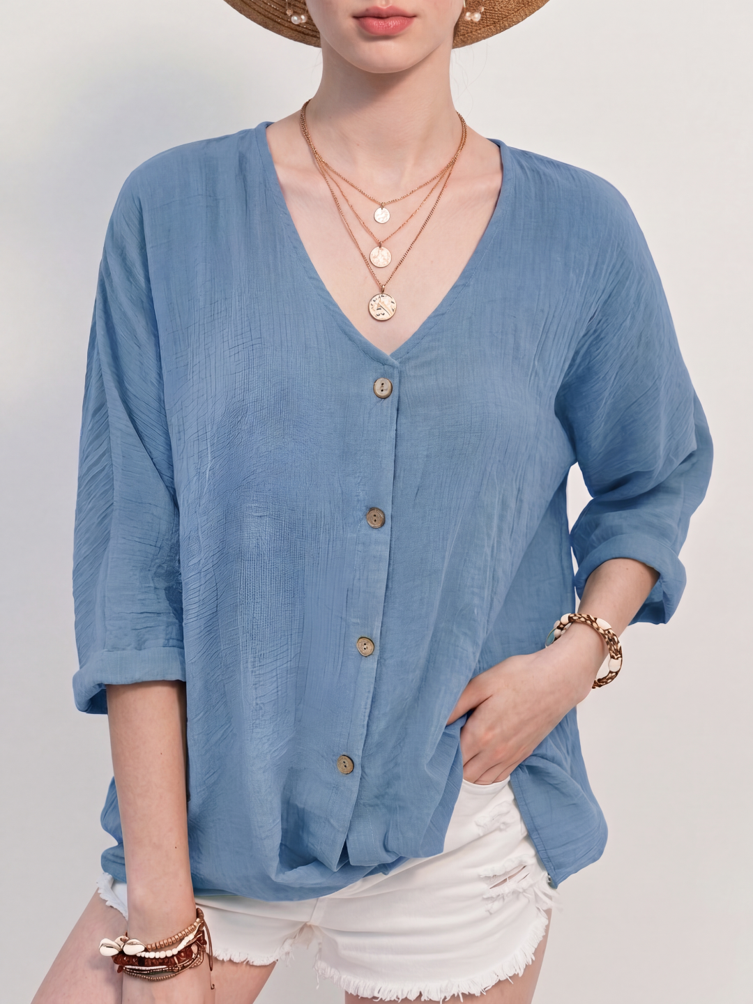 Linen Relaxed V-Neck Roll-Sleeve Blouse