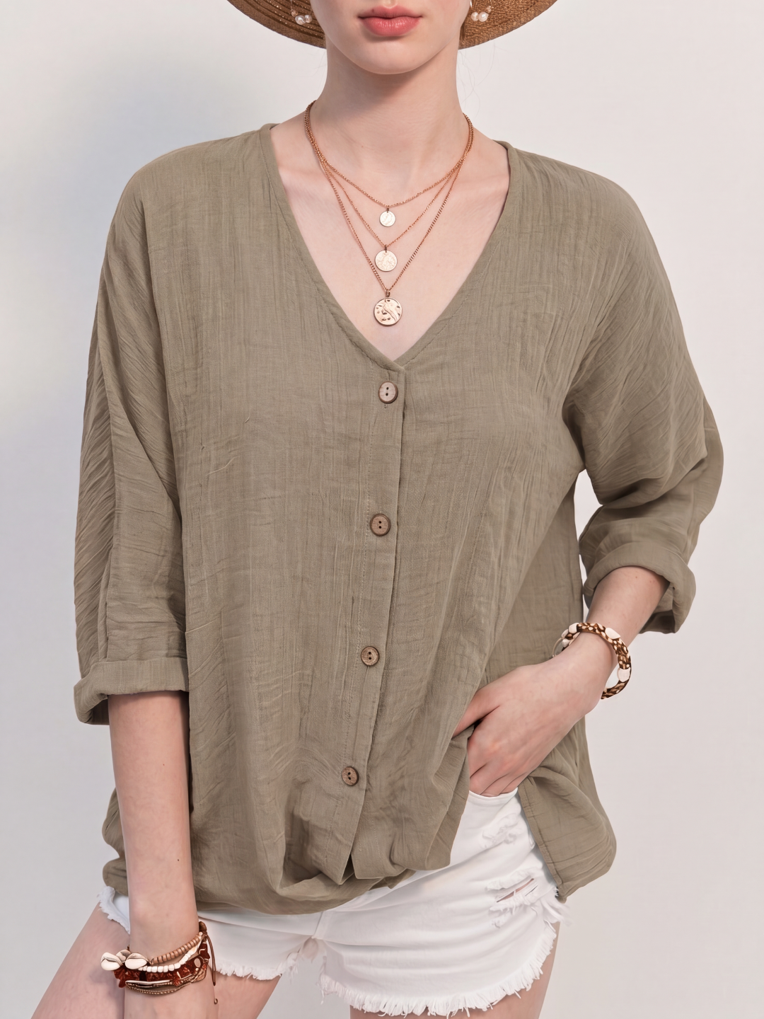 Linen Relaxed V-Neck Roll-Sleeve Blouse