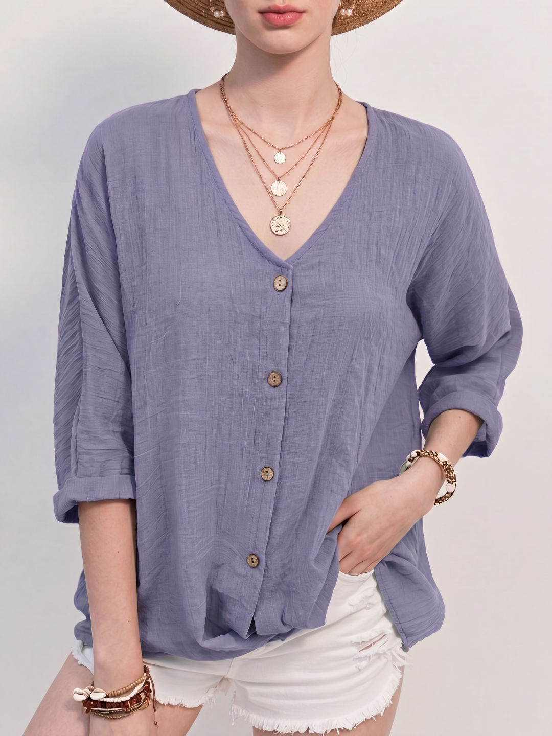 Linen Relaxed V-Neck Roll-Sleeve Blouse