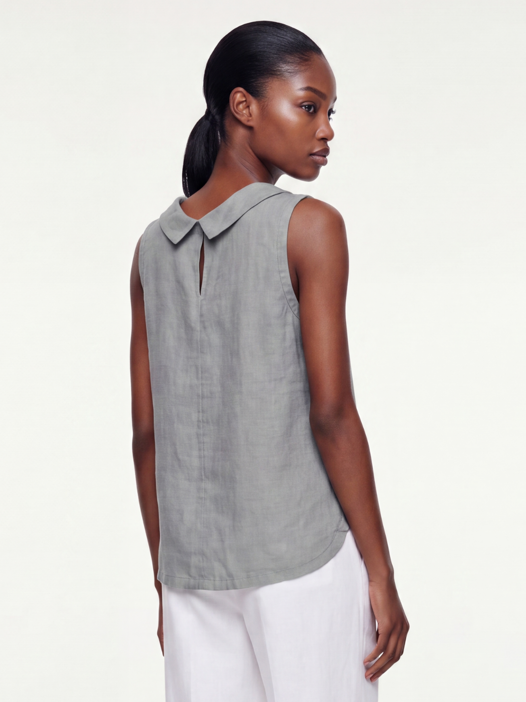 Linen Sleeveless Roll-Collar Top