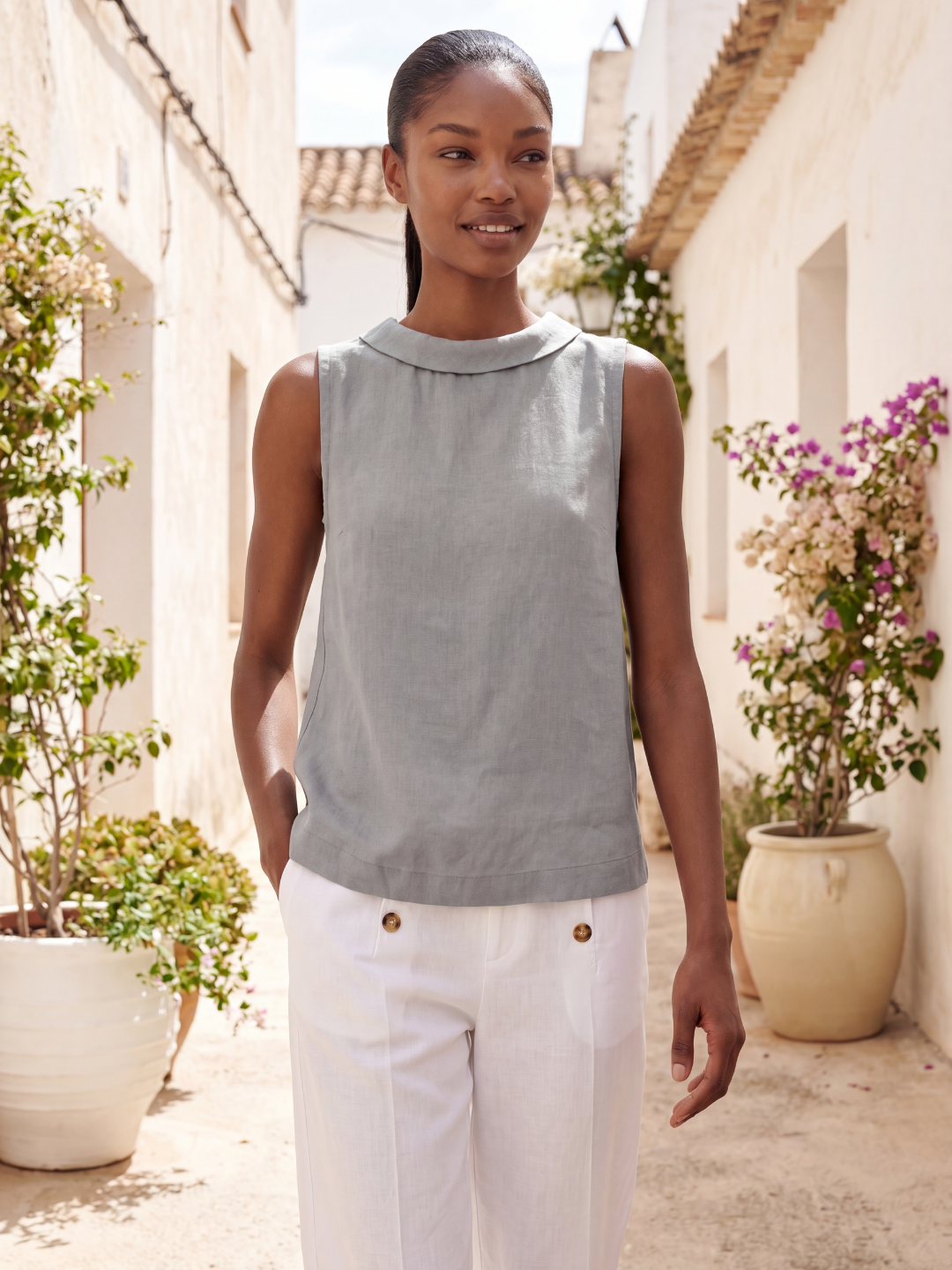 Linen Sleeveless Roll-Collar Top