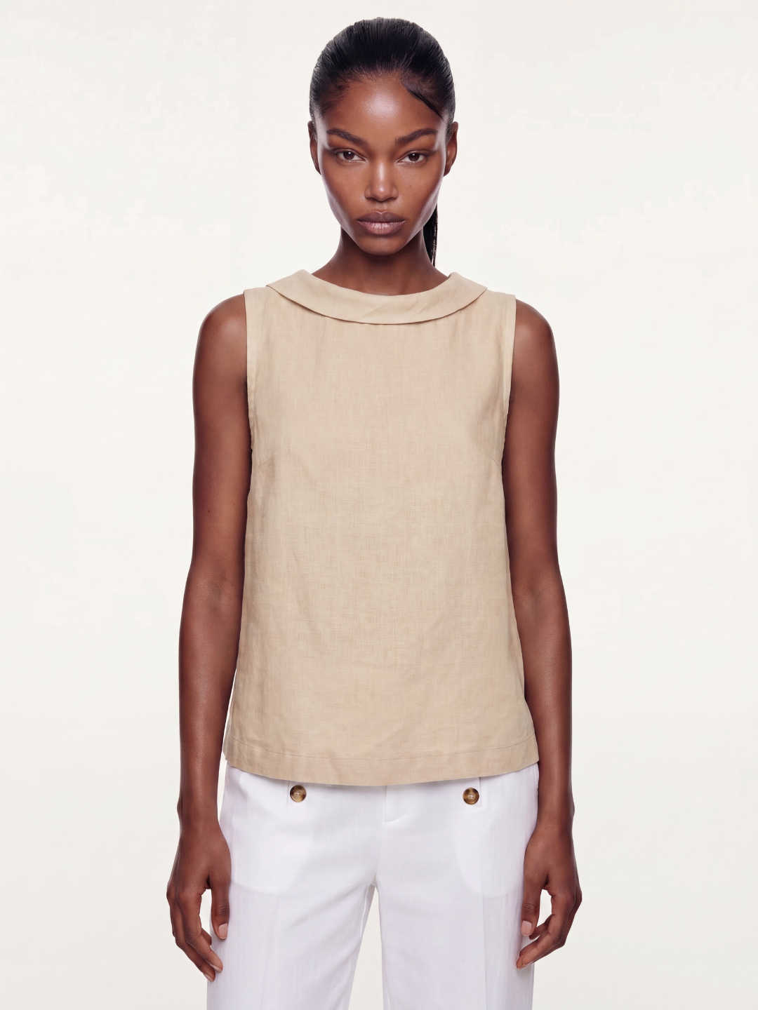 Linen Sleeveless Roll-Collar Top