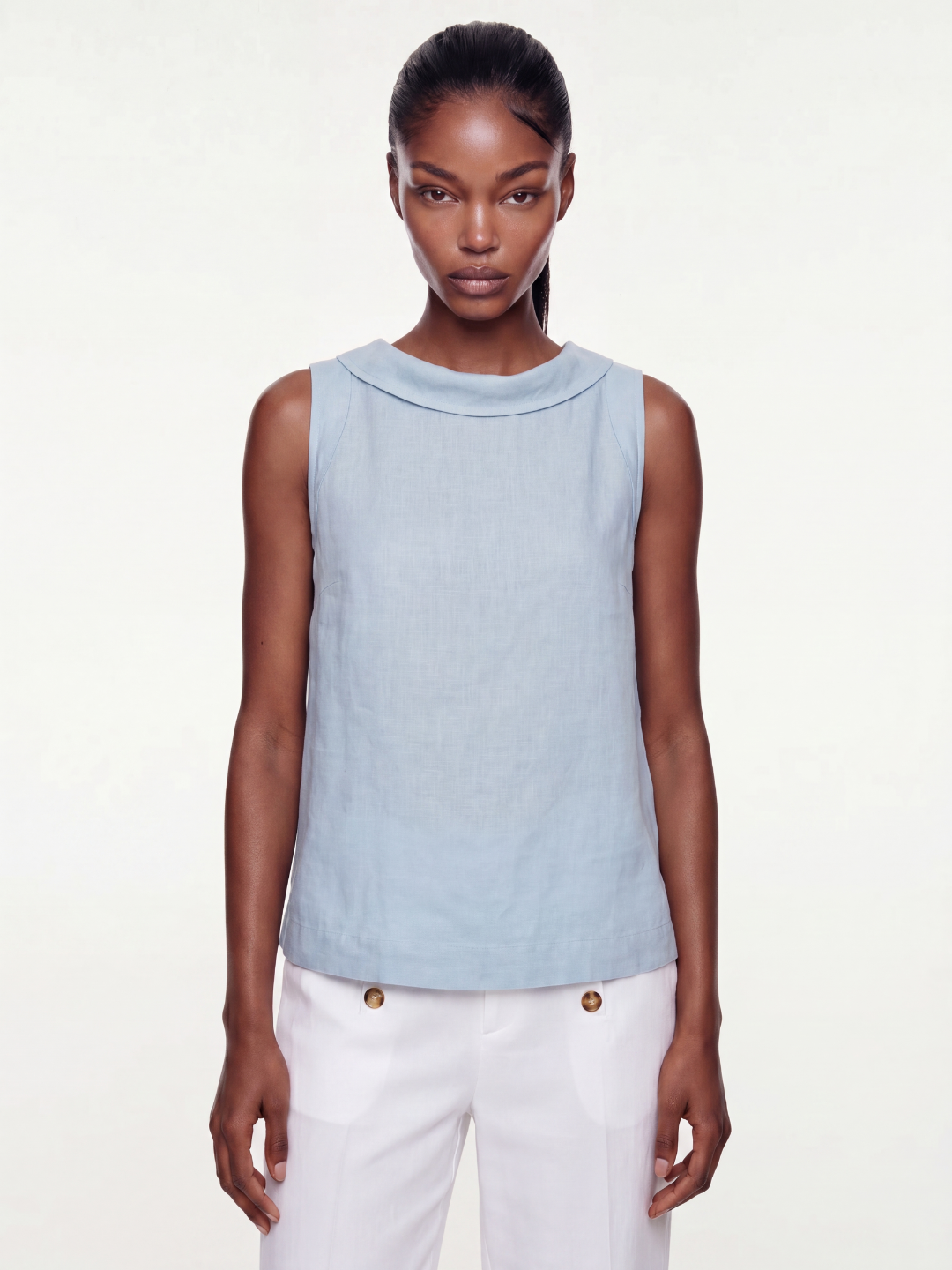 Linen Sleeveless Roll-Collar Top