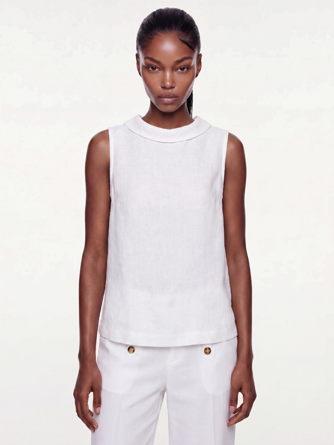 Linen Sleeveless Roll-Collar Top