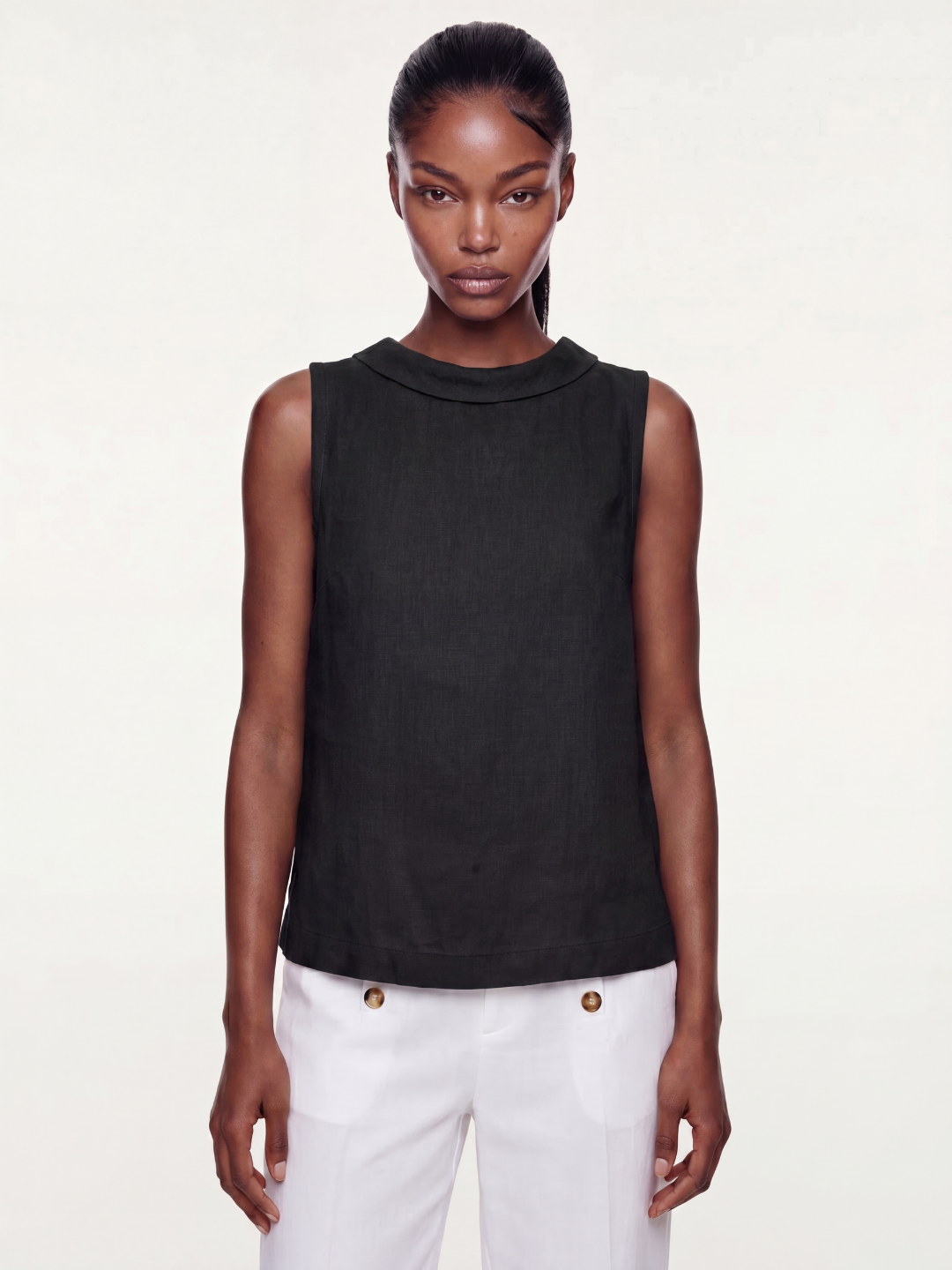 Linen Sleeveless Roll-Collar Top
