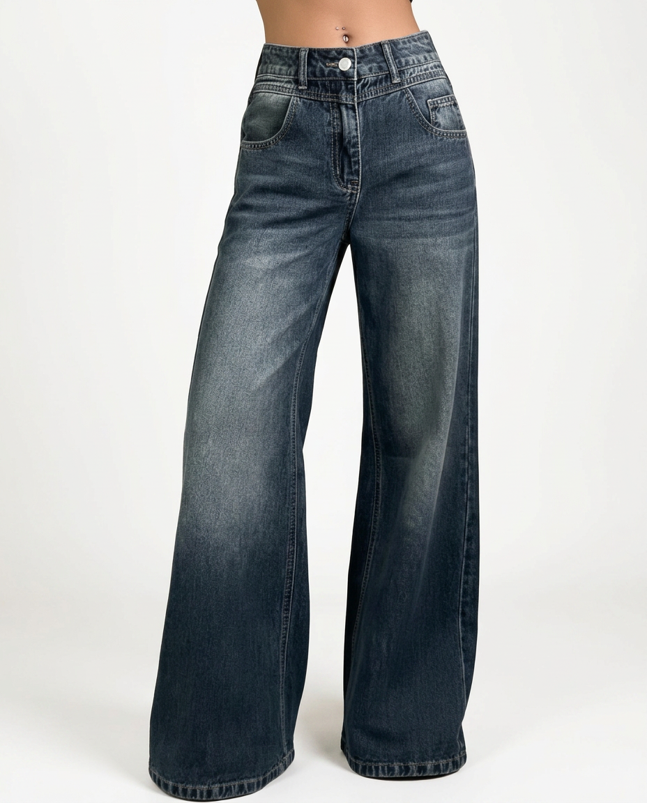 Mid-Waist Wide-Leg Denim-Look Trousers