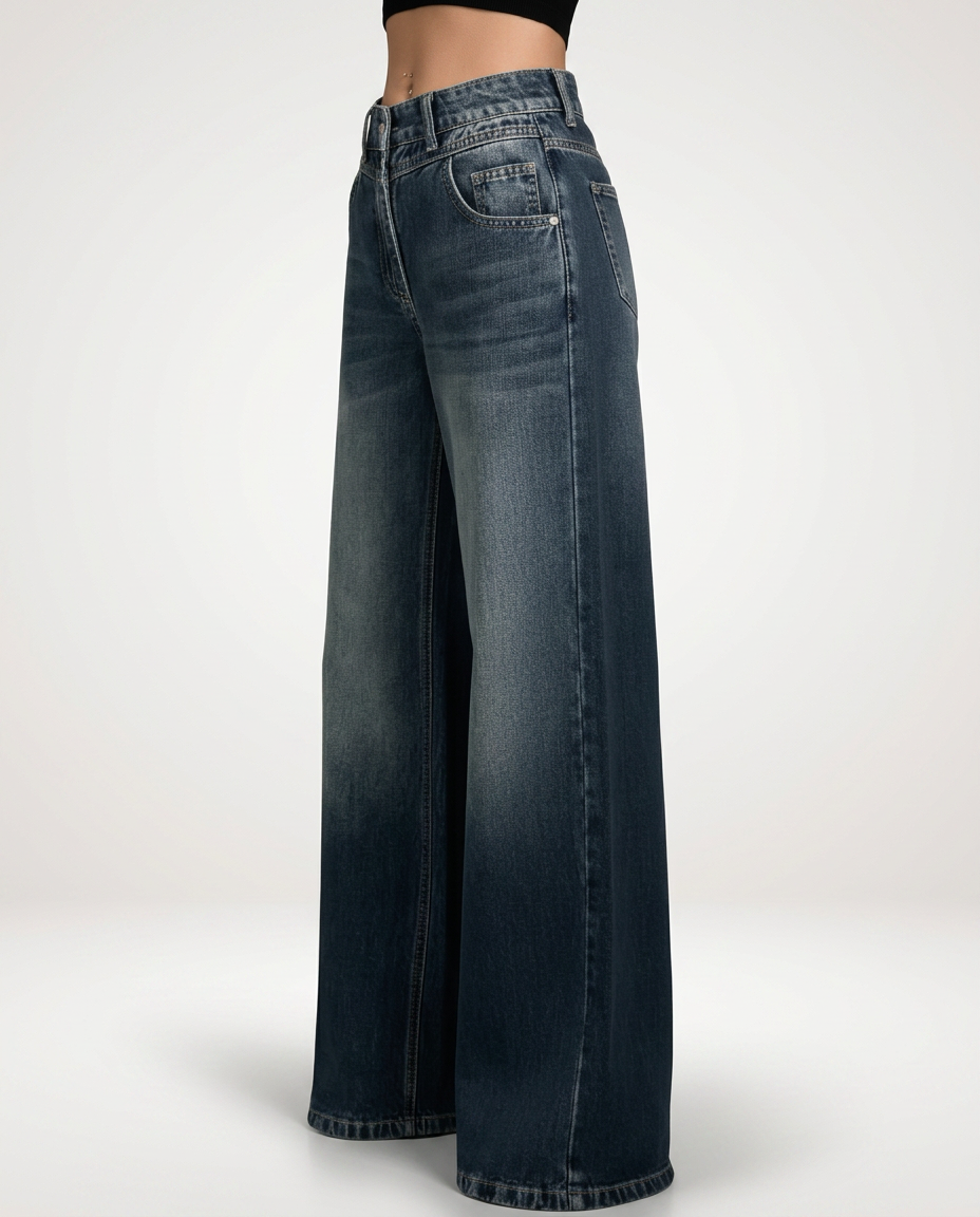Mid-Waist Wide-Leg Denim-Look Trousers