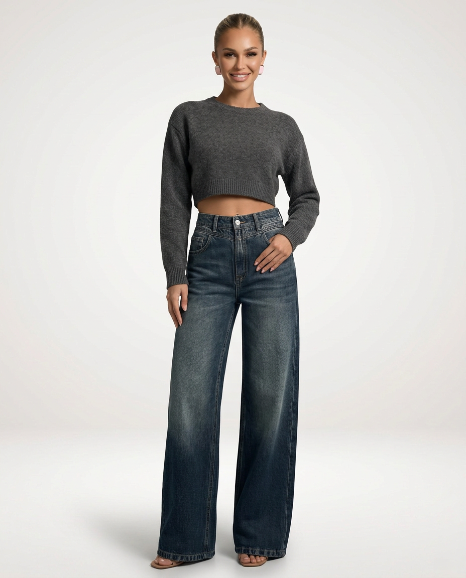 Mid-Waist Wide-Leg Denim-Look Trousers