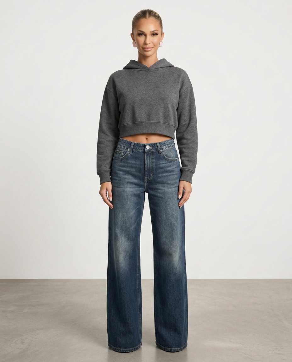 Mid-Waist Wide-Leg Denim-Look Trousers