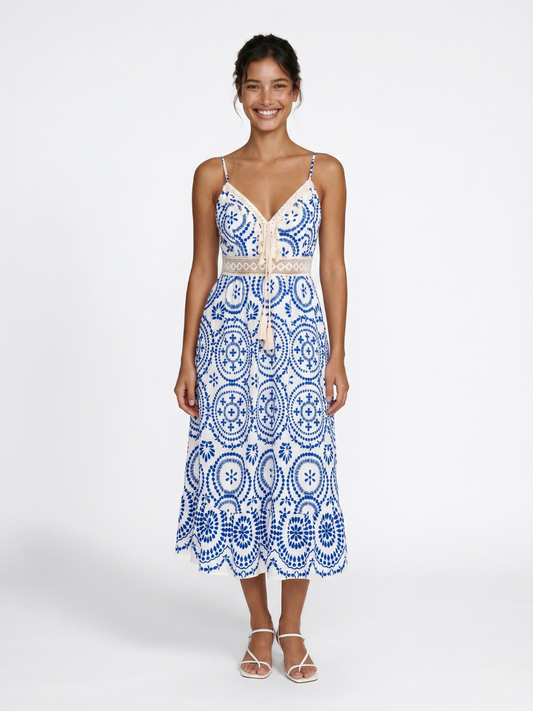 Ornate V-Neck Midi Dress with Crochet Trim