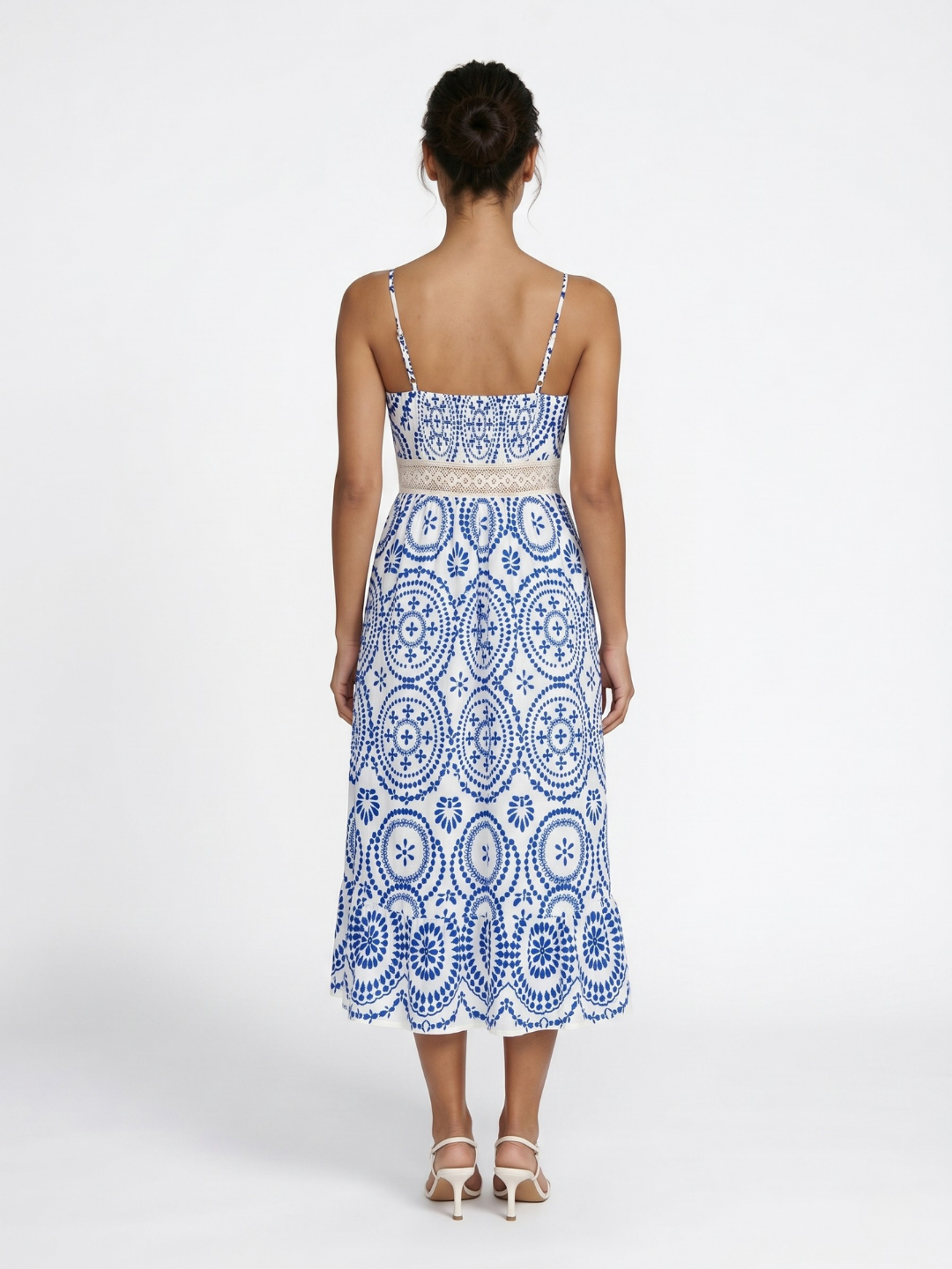 Ornate V-Neck Midi Dress with Crochet Trim