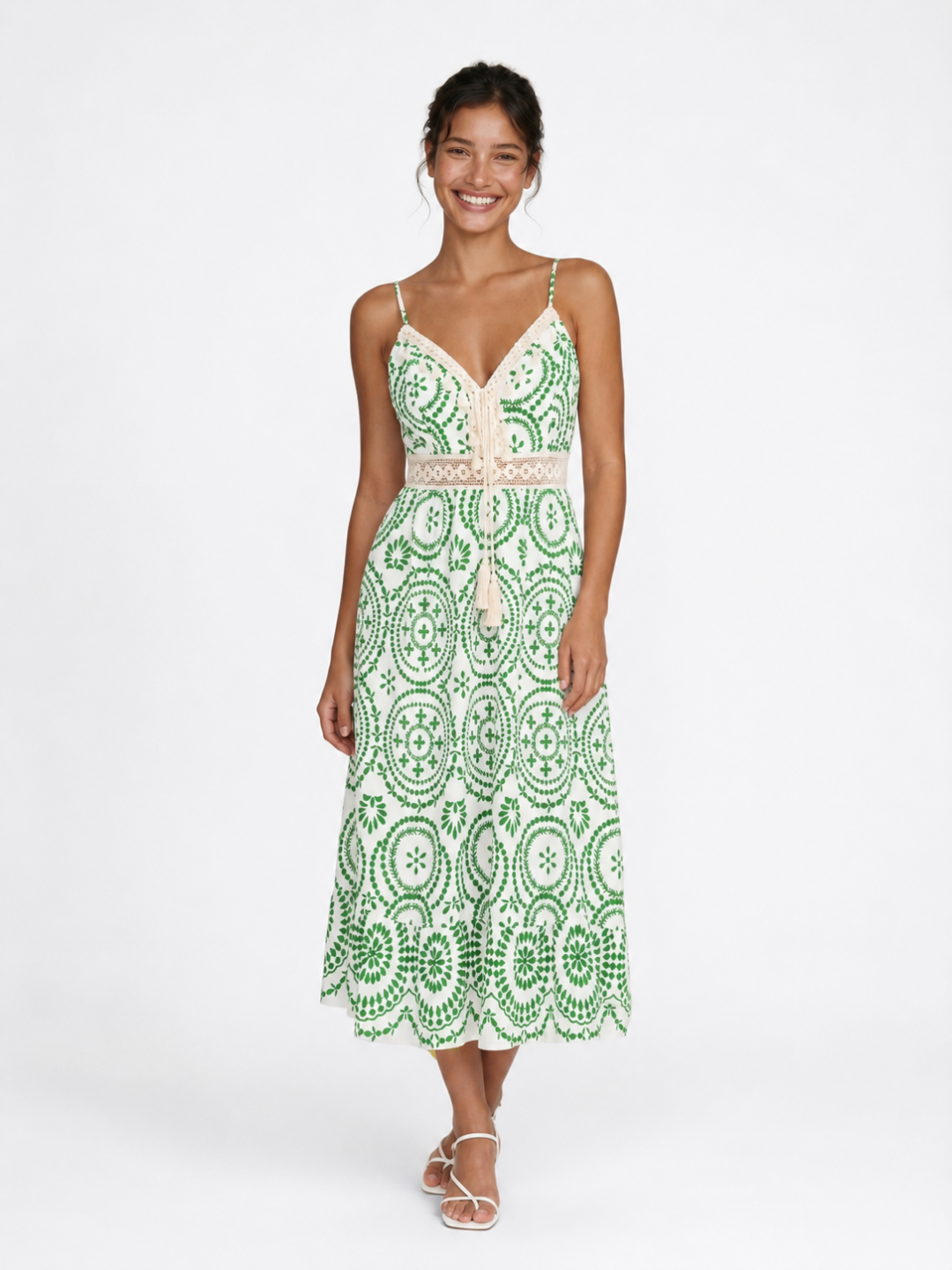 Ornate V-Neck Midi Dress with Crochet Trim