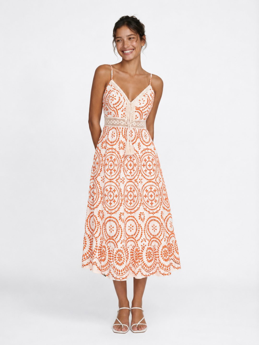 Ornate V-Neck Midi Dress with Crochet Trim