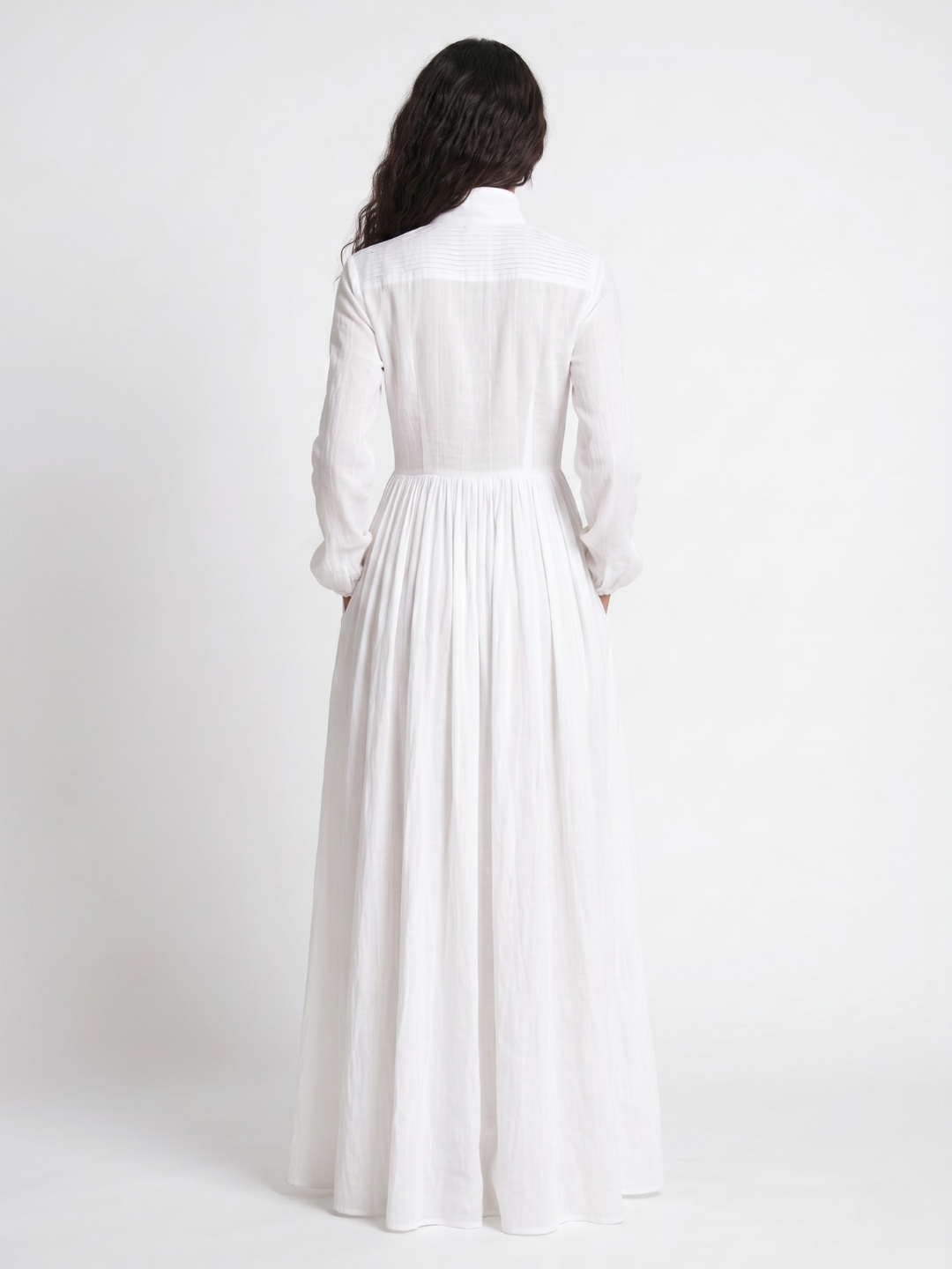 Pintuck Plunge Long Sleeve Maxi Shirt Dress