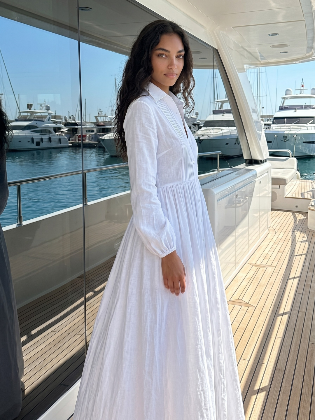 Pintuck Plunge Long Sleeve Maxi Shirt Dress