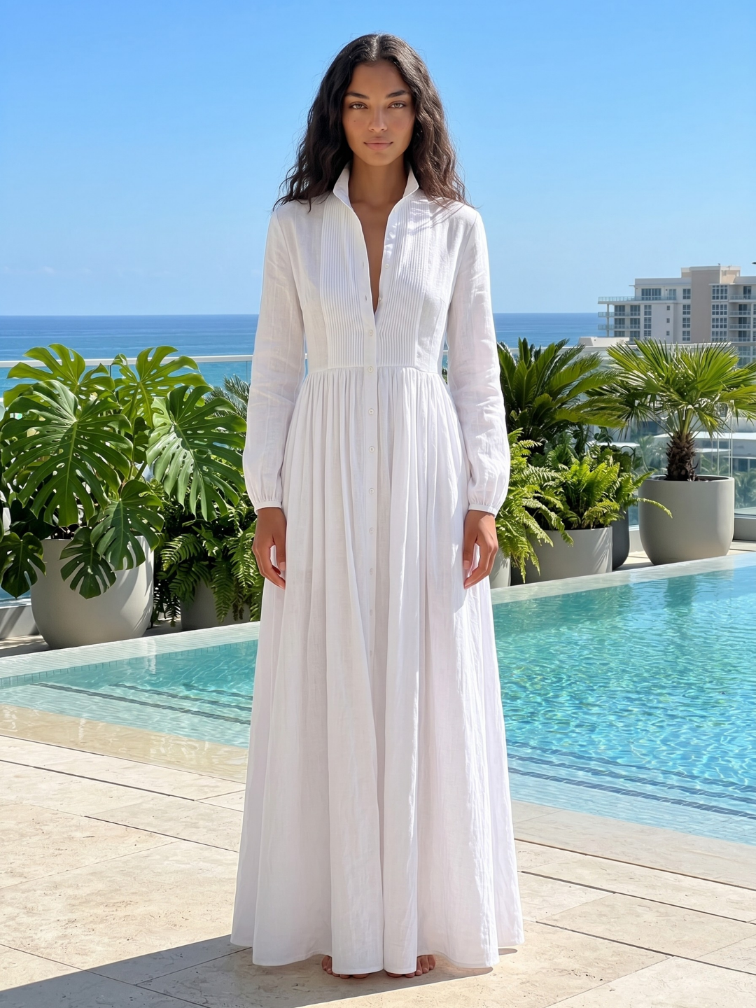 Pintuck Plunge Long Sleeve Maxi Shirt Dress
