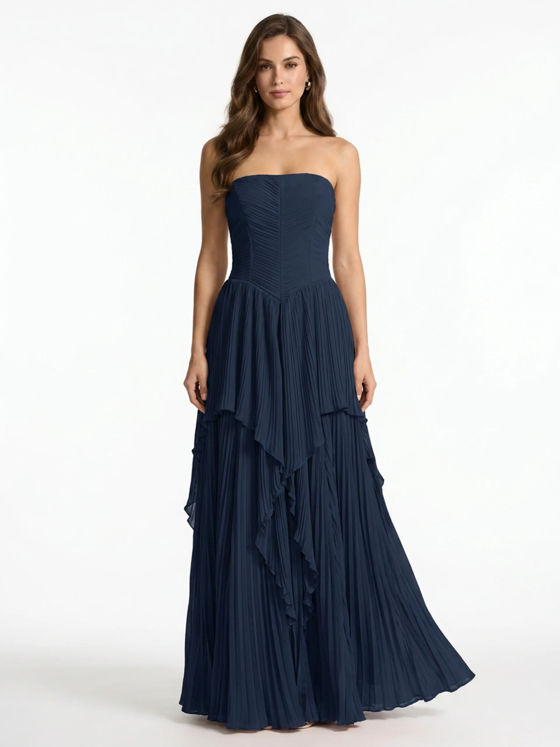 Pleated Chiffon Strapless Maxi Dress
