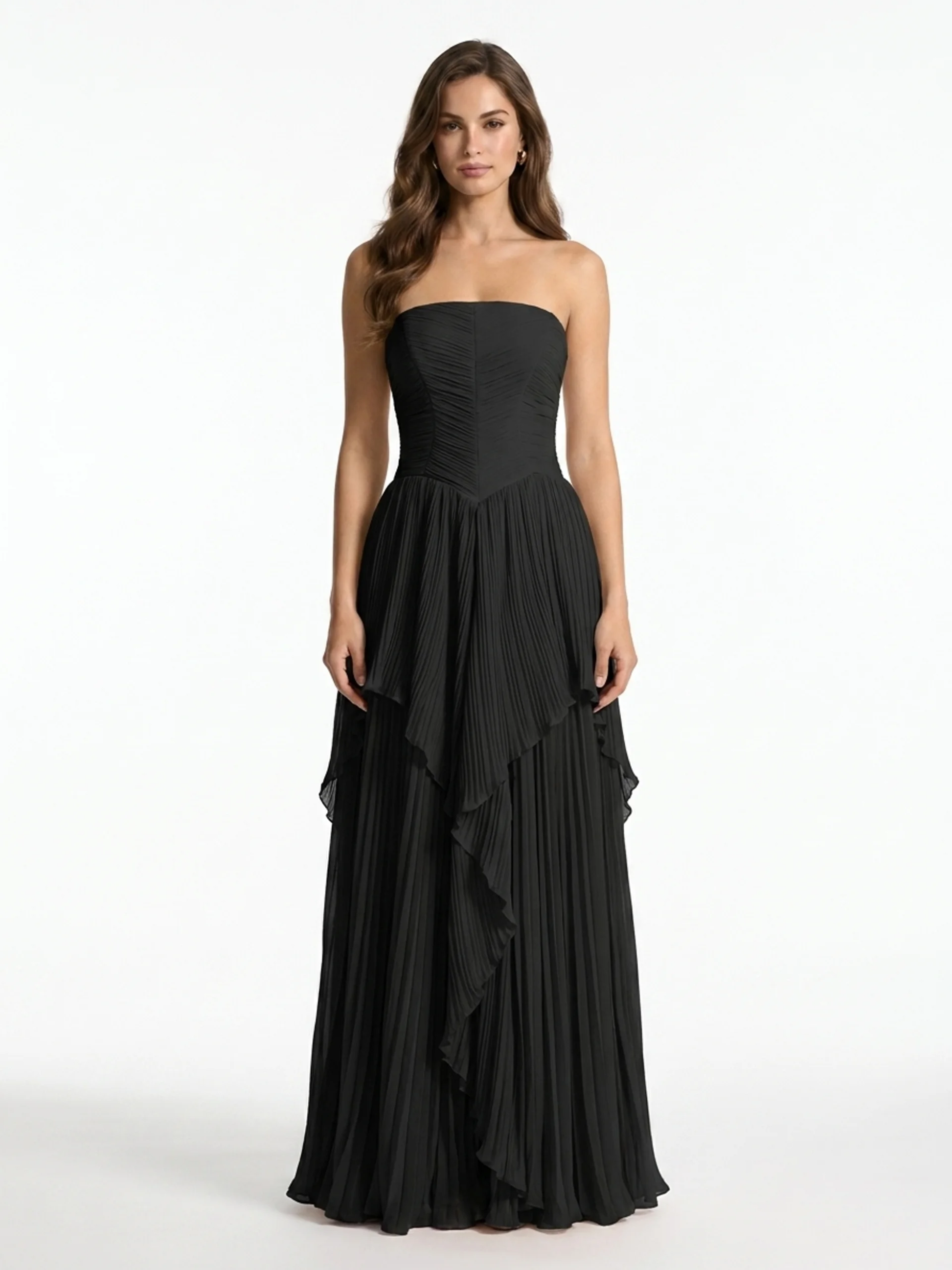 Pleated Chiffon Strapless Maxi Dress