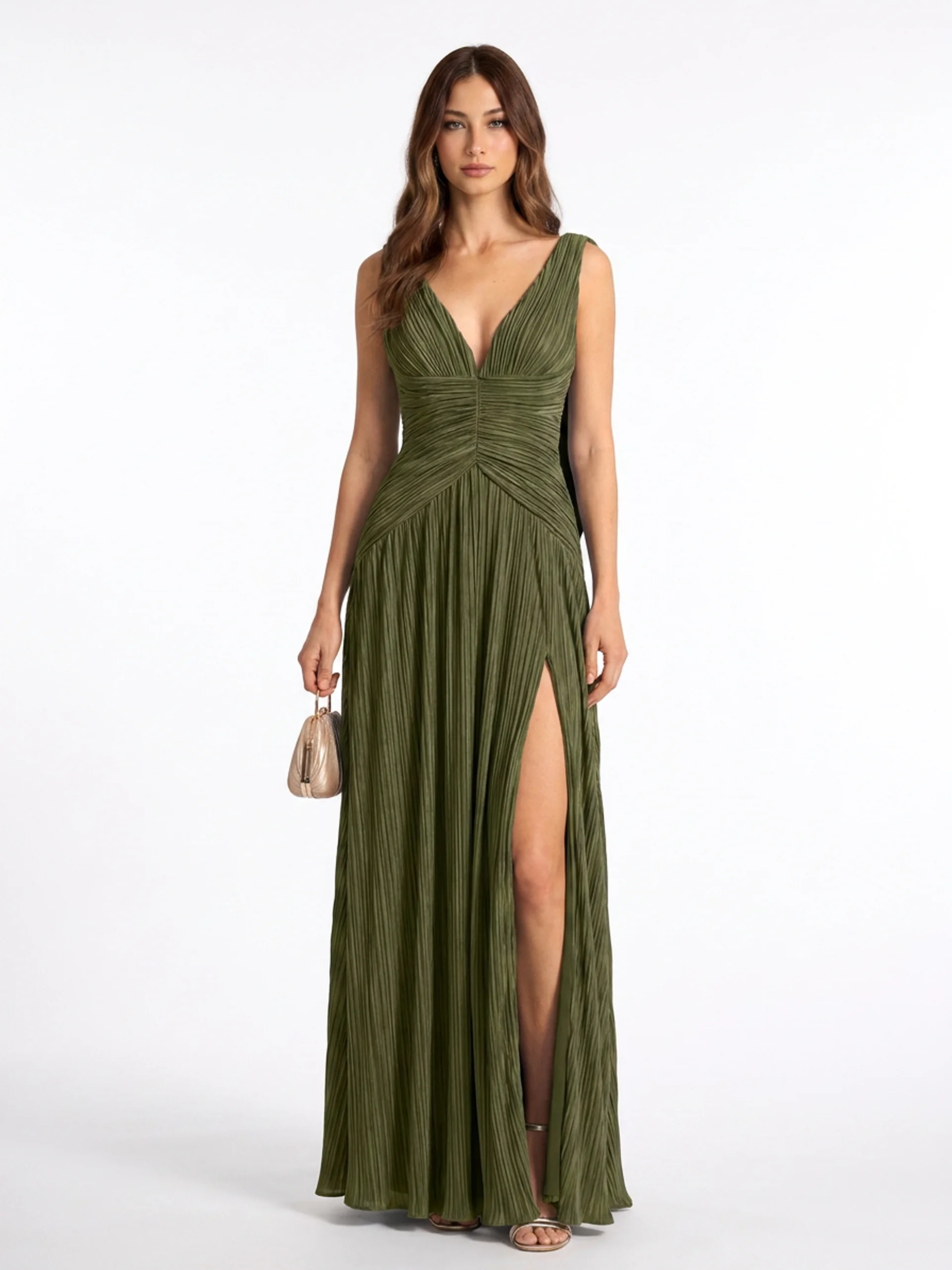 Pleated Satin Maxi Dress With High Slit