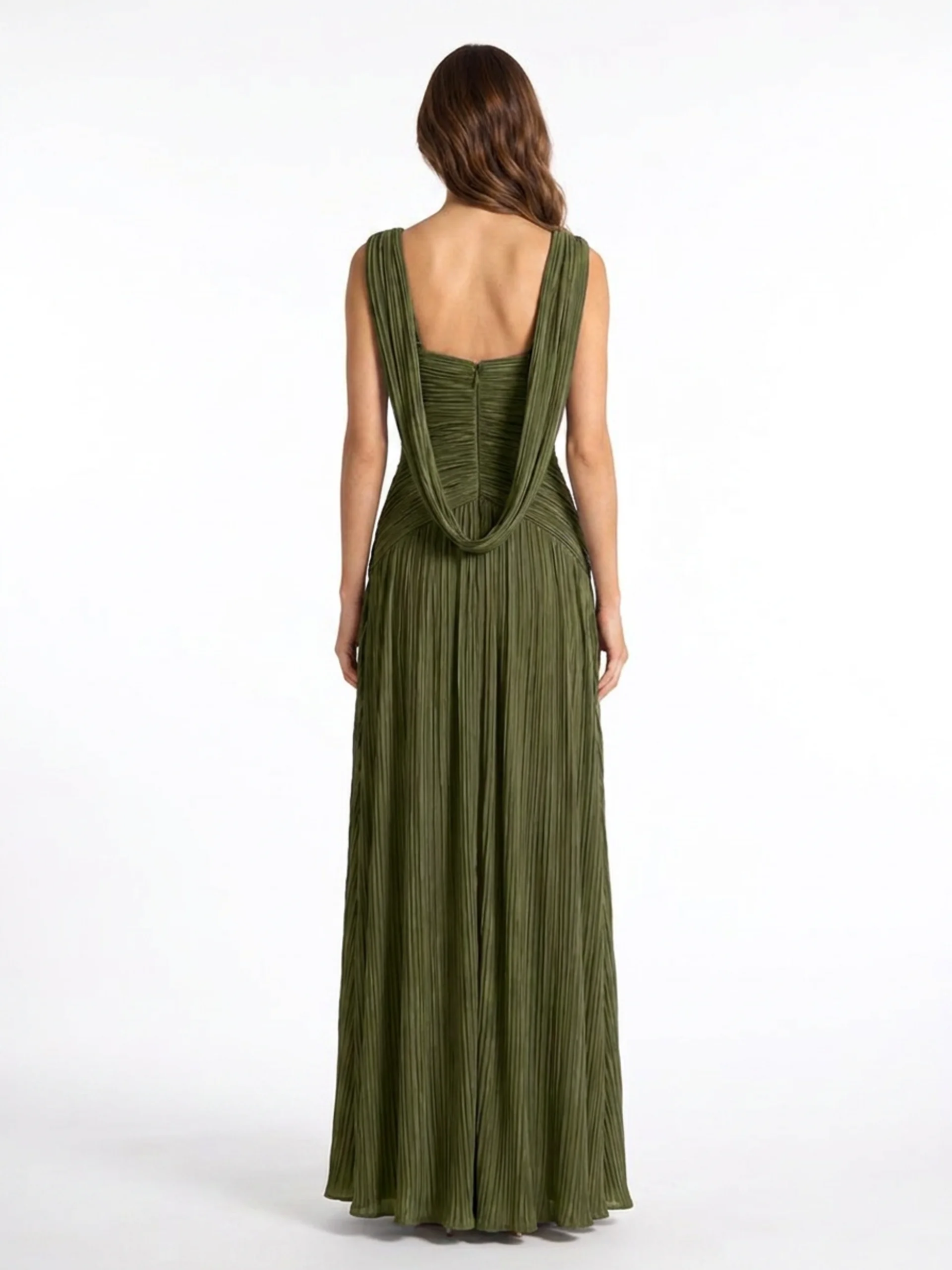 Pleated Satin Maxi Dress With High Slit