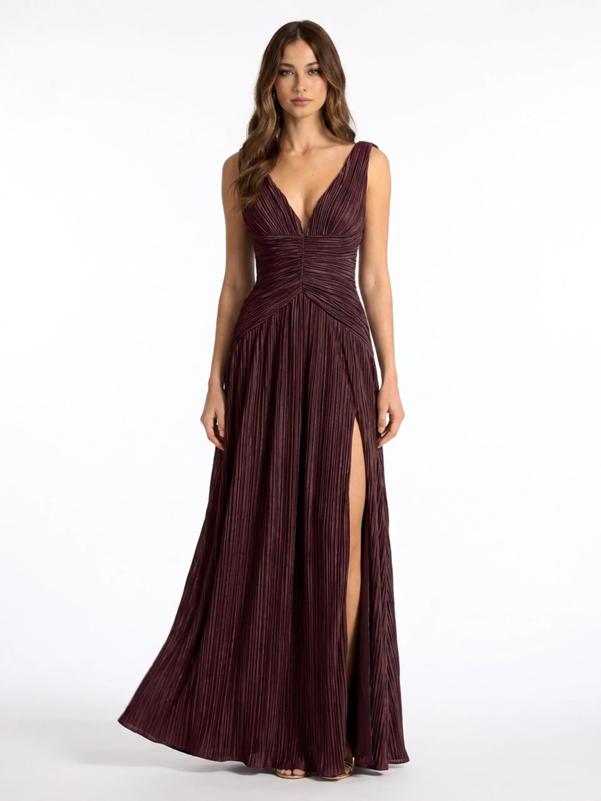 Pleated Satin Maxi Dress With High Slit