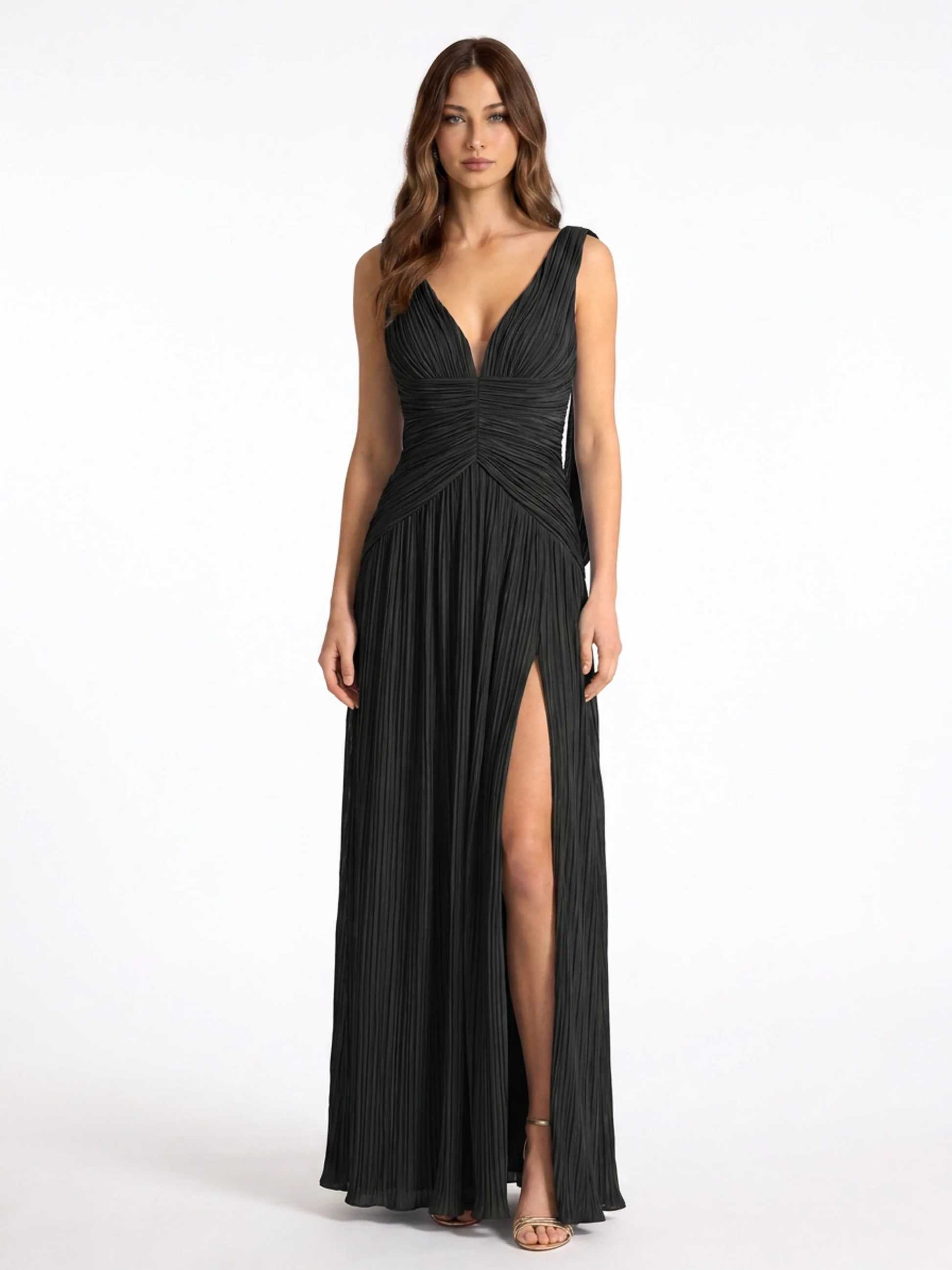 Pleated Satin Maxi Dress With High Slit