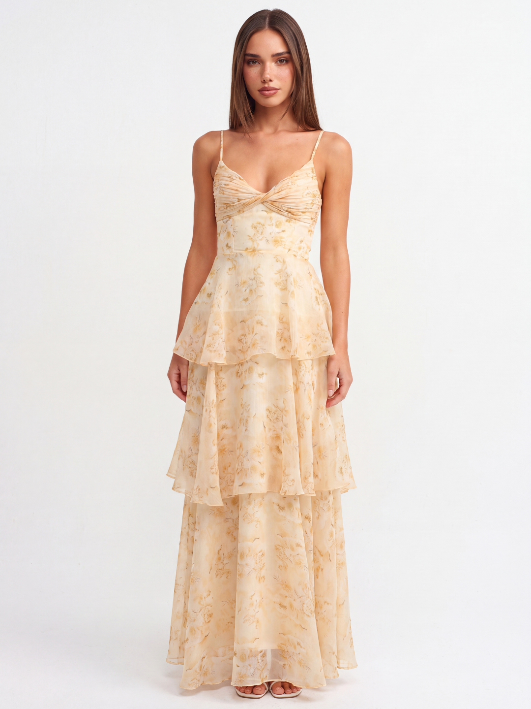Pleated Twist Tiered Maxi Dress With Floral Print