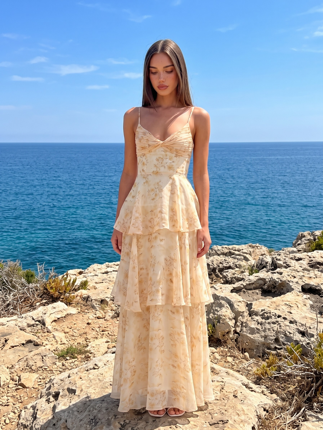 Pleated Twist Tiered Maxi Dress With Floral Print